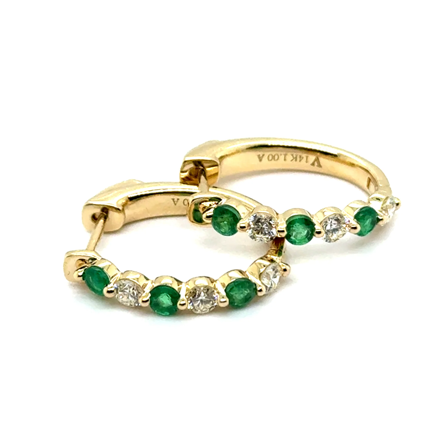 1.00 Ctw 14kt Yellow Gold Emerald And Diamond Hoop Earrings