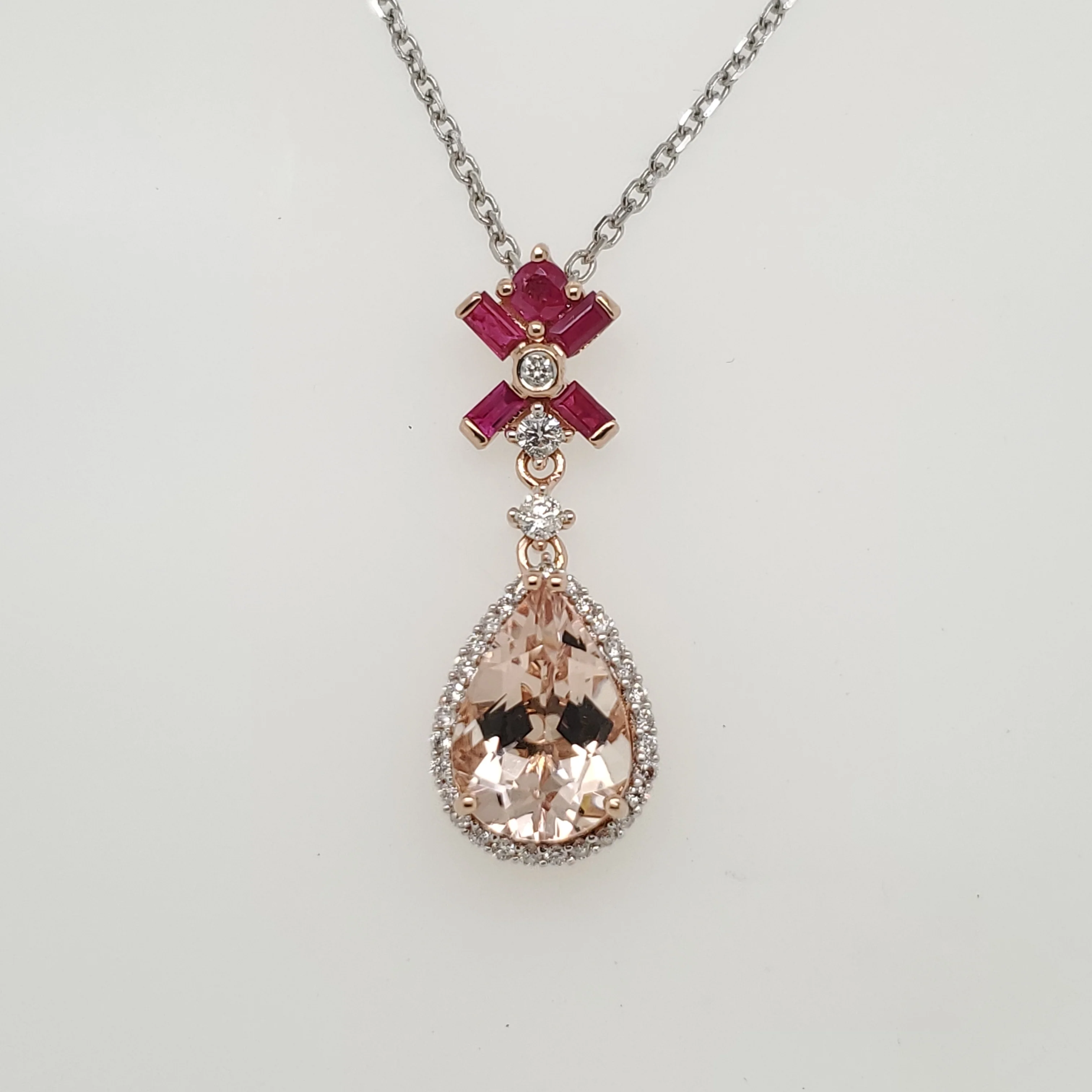 14kt Rose Gold Pear Shaped Morganite Ruby and Diamond Pendant Necklace