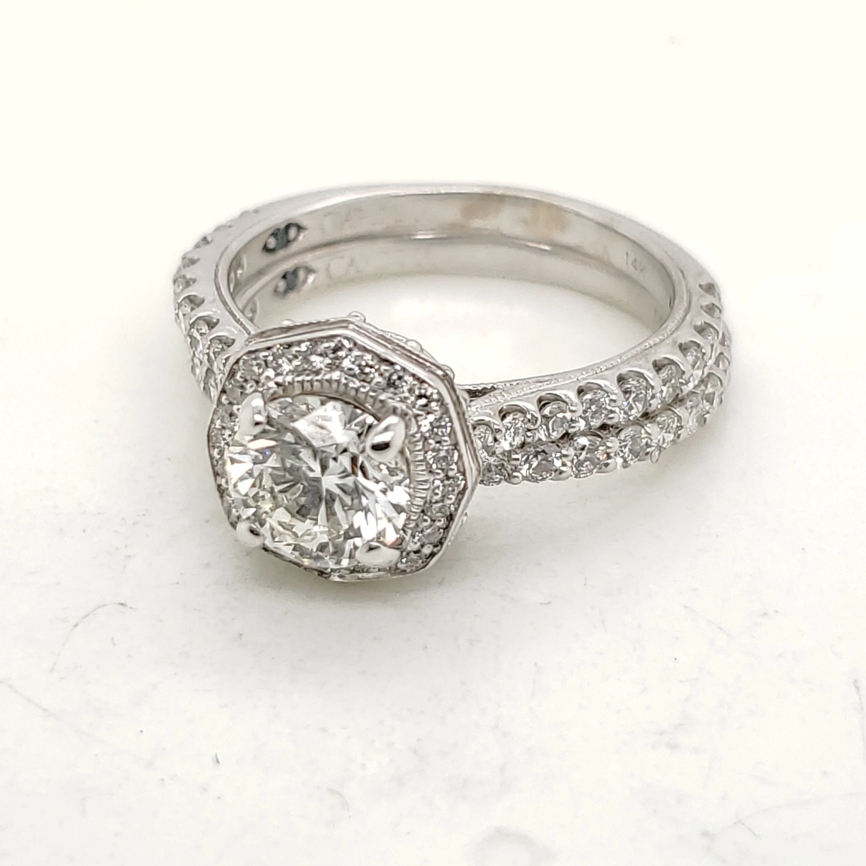 14kt White Gold 1.01 Carat Round Brilliant Cut Diamond Engagement Ring and Matching Band