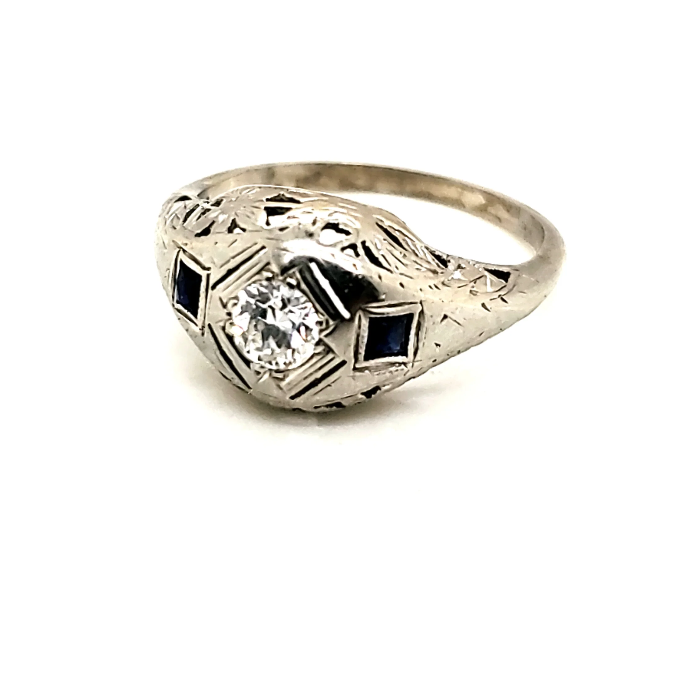 14kt white gold Art Deco .33 carat european cut diamond & sapphire