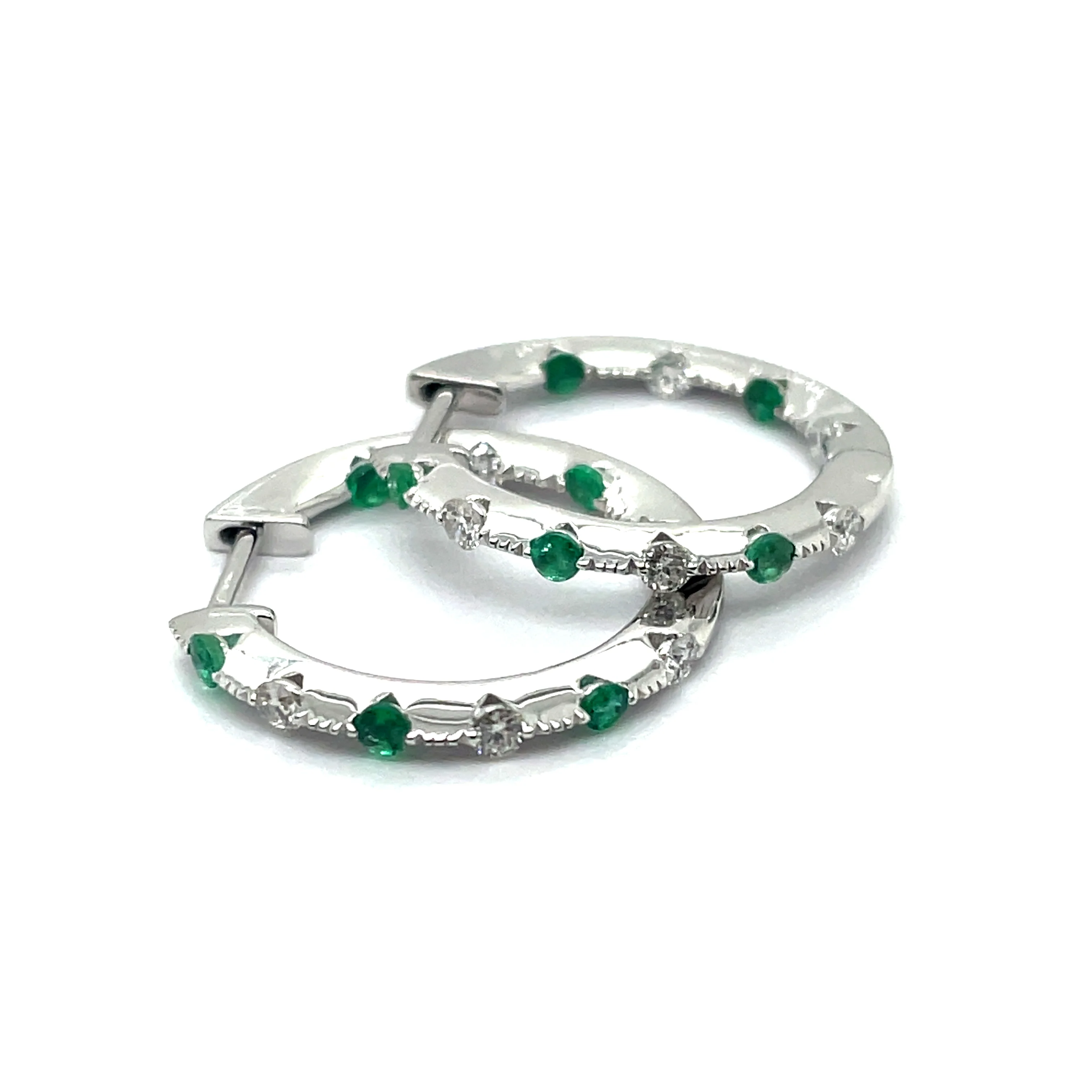 14kt White Gold Diamond And Emerald Hoop Earrings