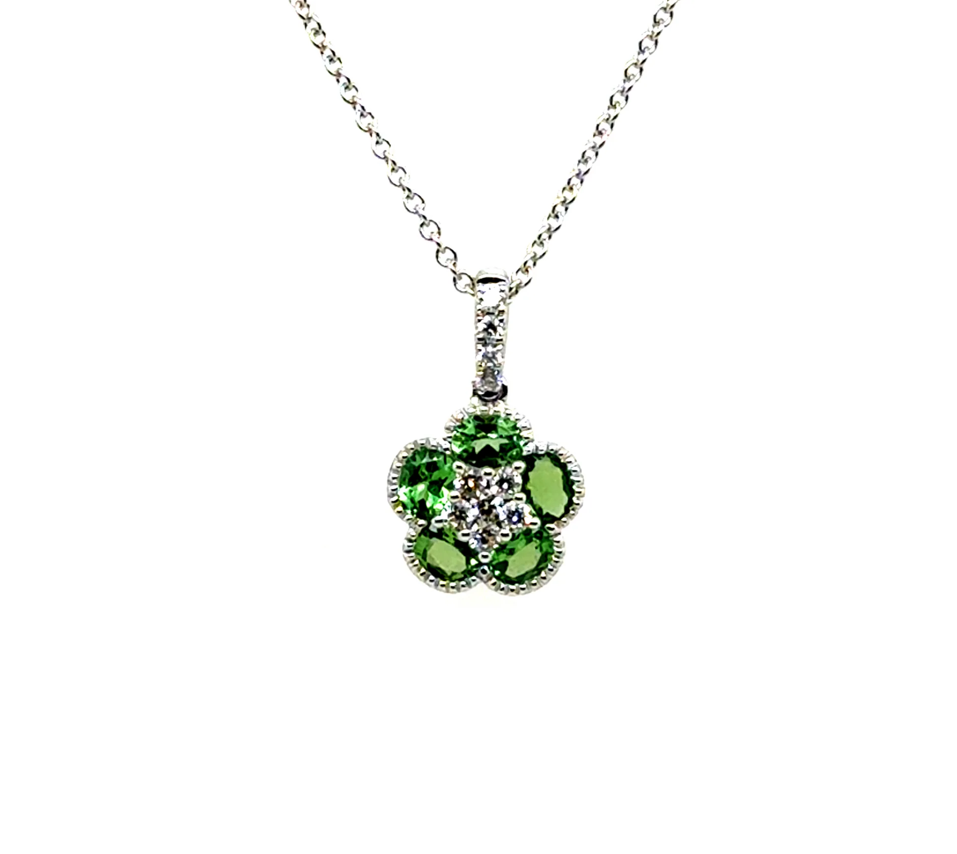 14kt White Gold Green Tsavorite Garnet And Diamond Pendant On Chain