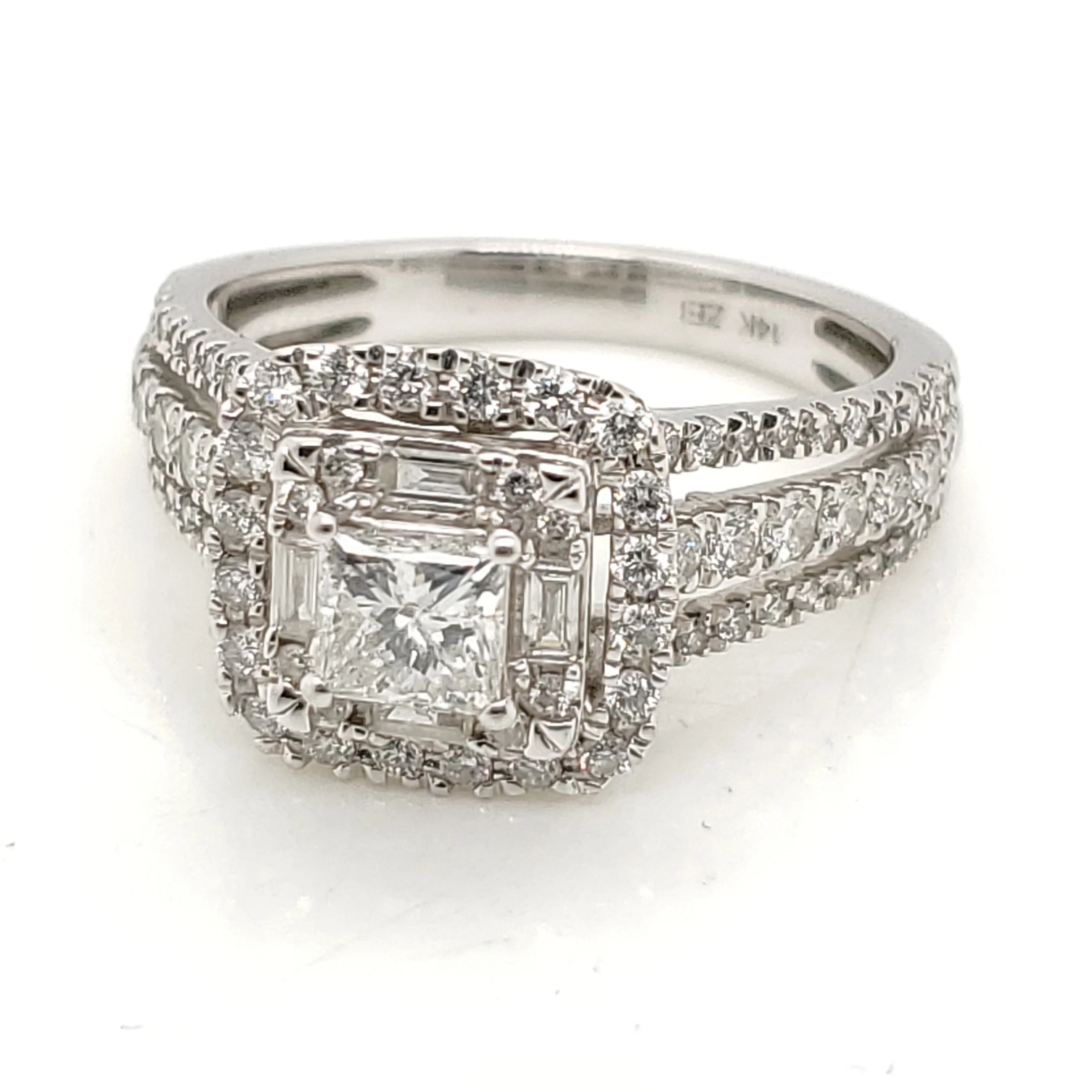 14kt white Gold Princess Baguette and Round Diamond Ring