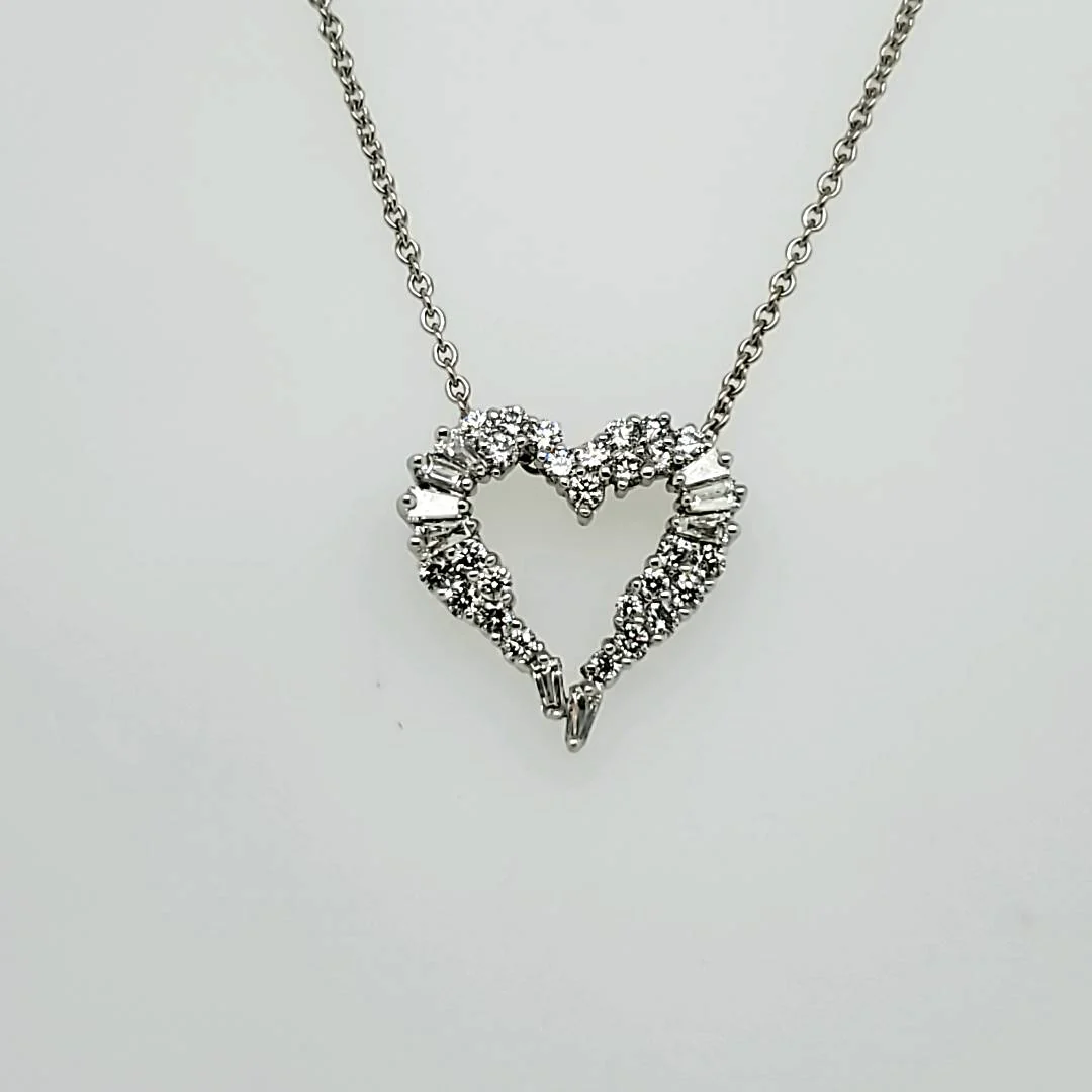 14kt White Gold Round and Baguette Cut Diamond Heart Pendant