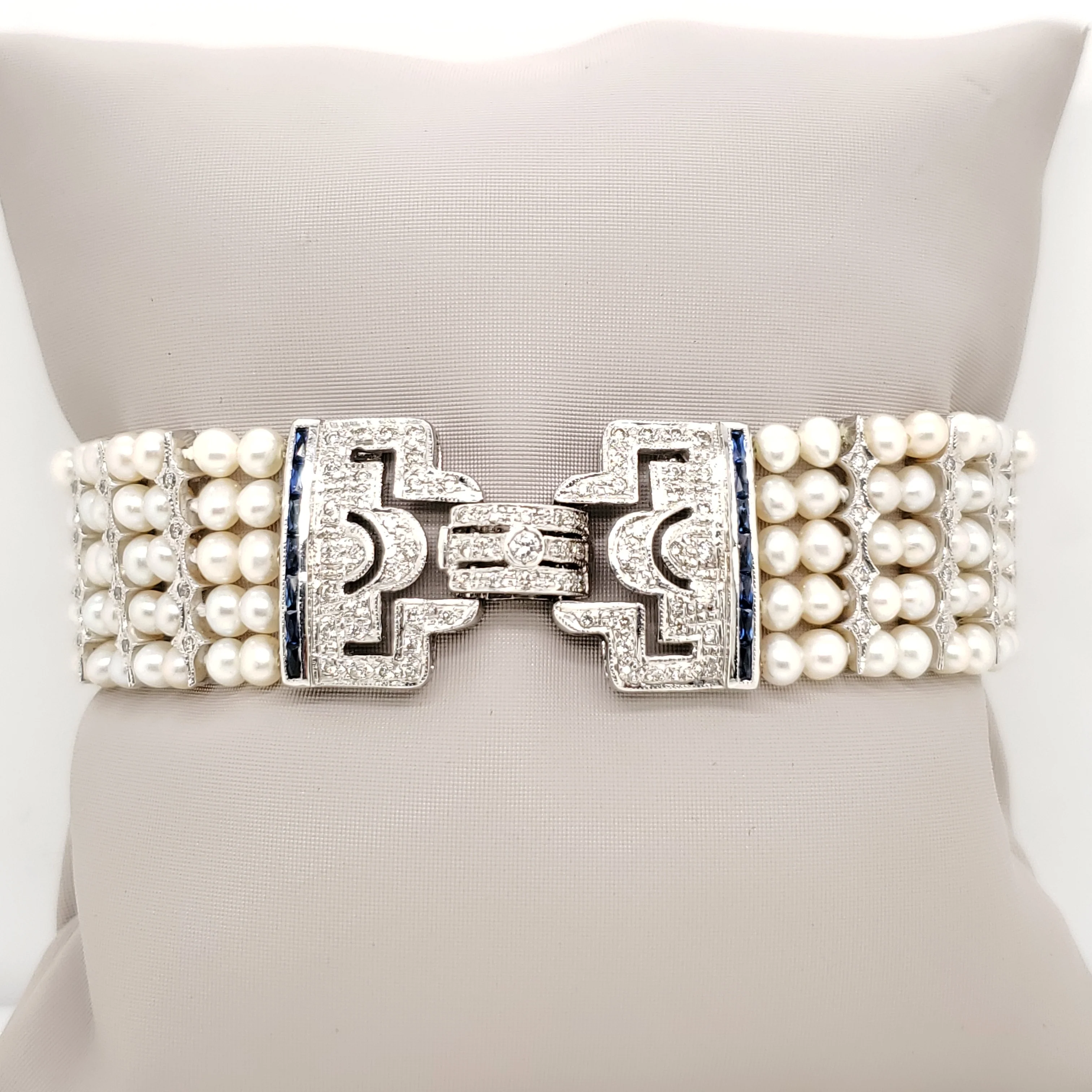 14kt White Gold Six Strand Pearl Bracelet with Diamonds and Sapphires
