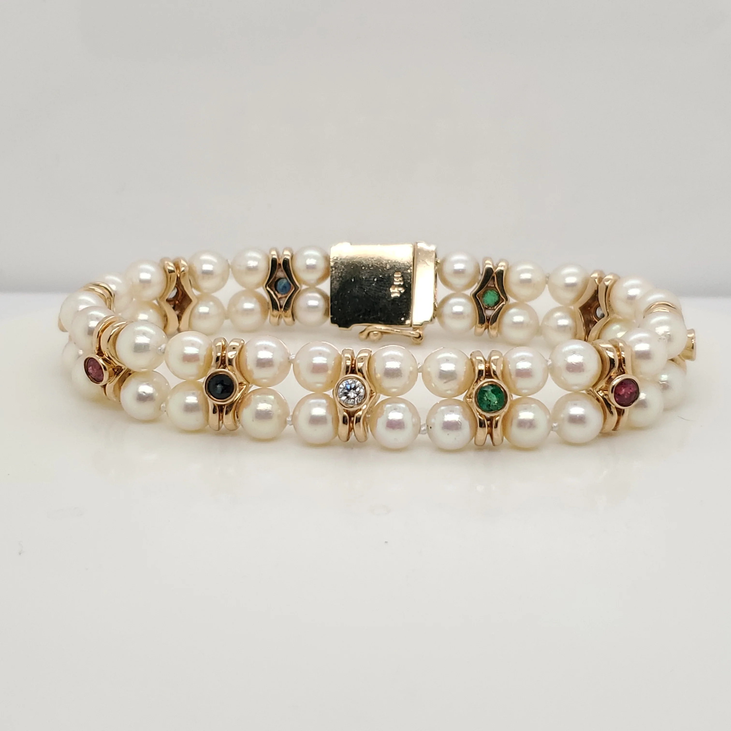 14Kt Yellow Gold Double Strand Cultured Akoya Pearl Bracelet Set With Rubies Sapphires Emeralds and Diamonds