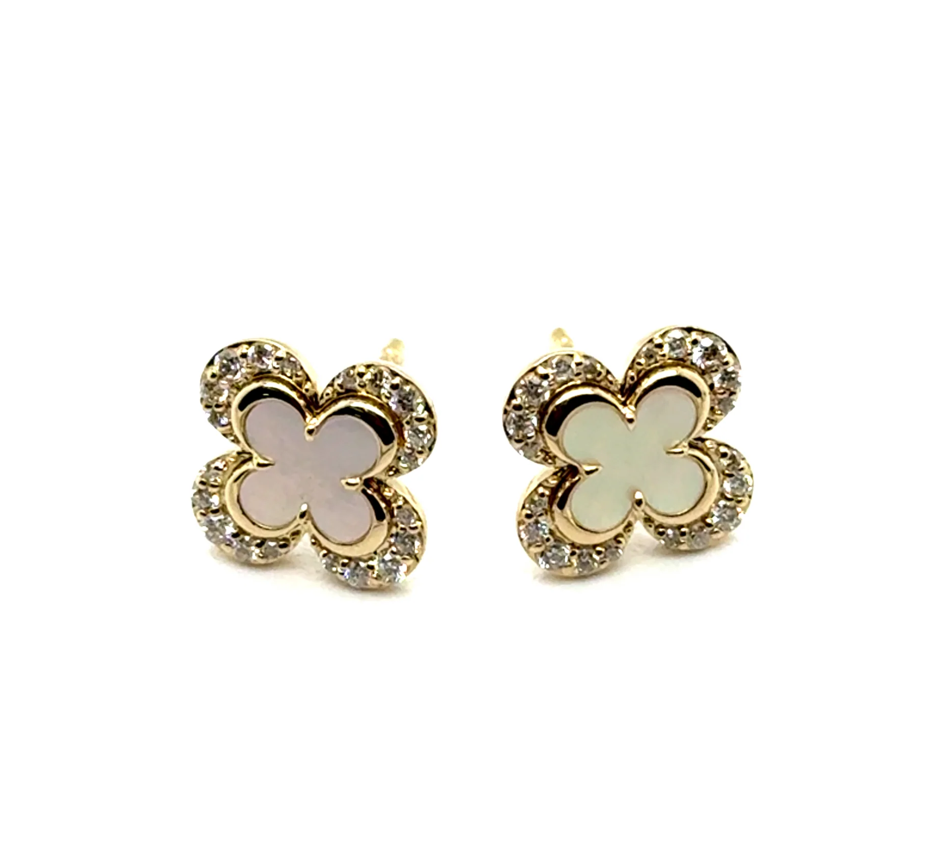 14Kt Yellow Gold Mother Of Pearl And Diamond Stud Earrings