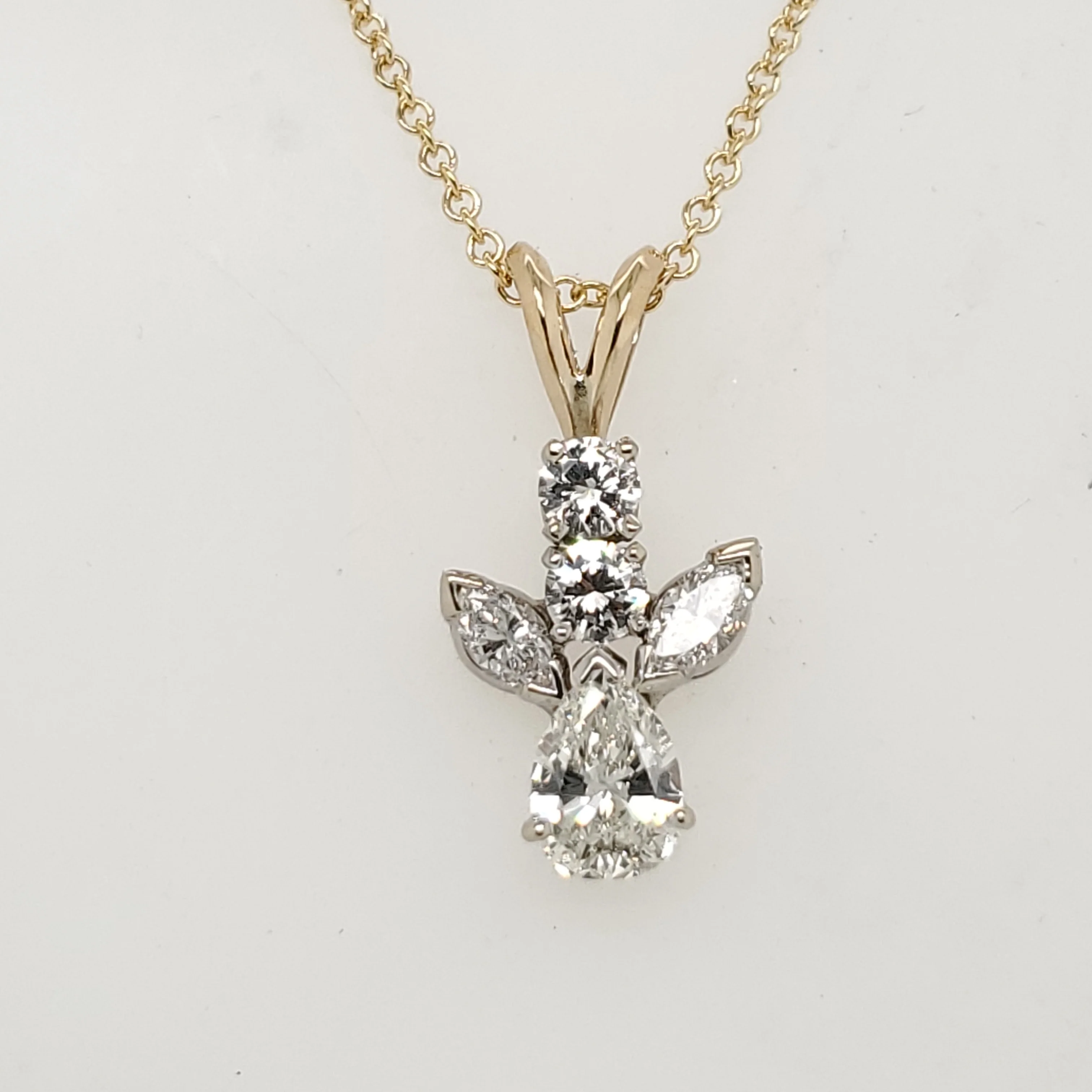 14Kt Yellow Gold Pear Marquise And Round Brilliant Cut Diamond Pendant