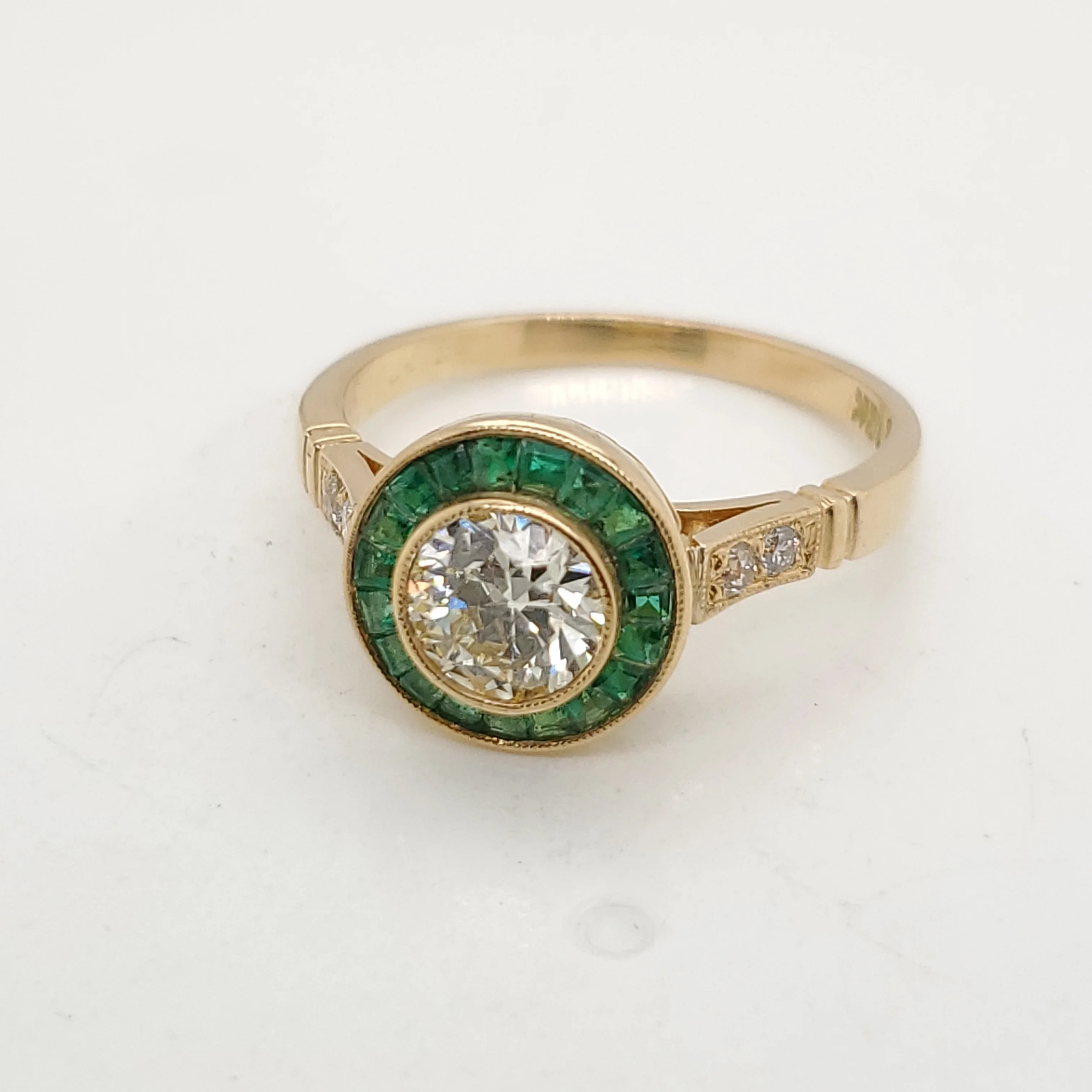 18kt Yellow Gold .85 Carat European Cut Diamond and Emerald Engagement Ring