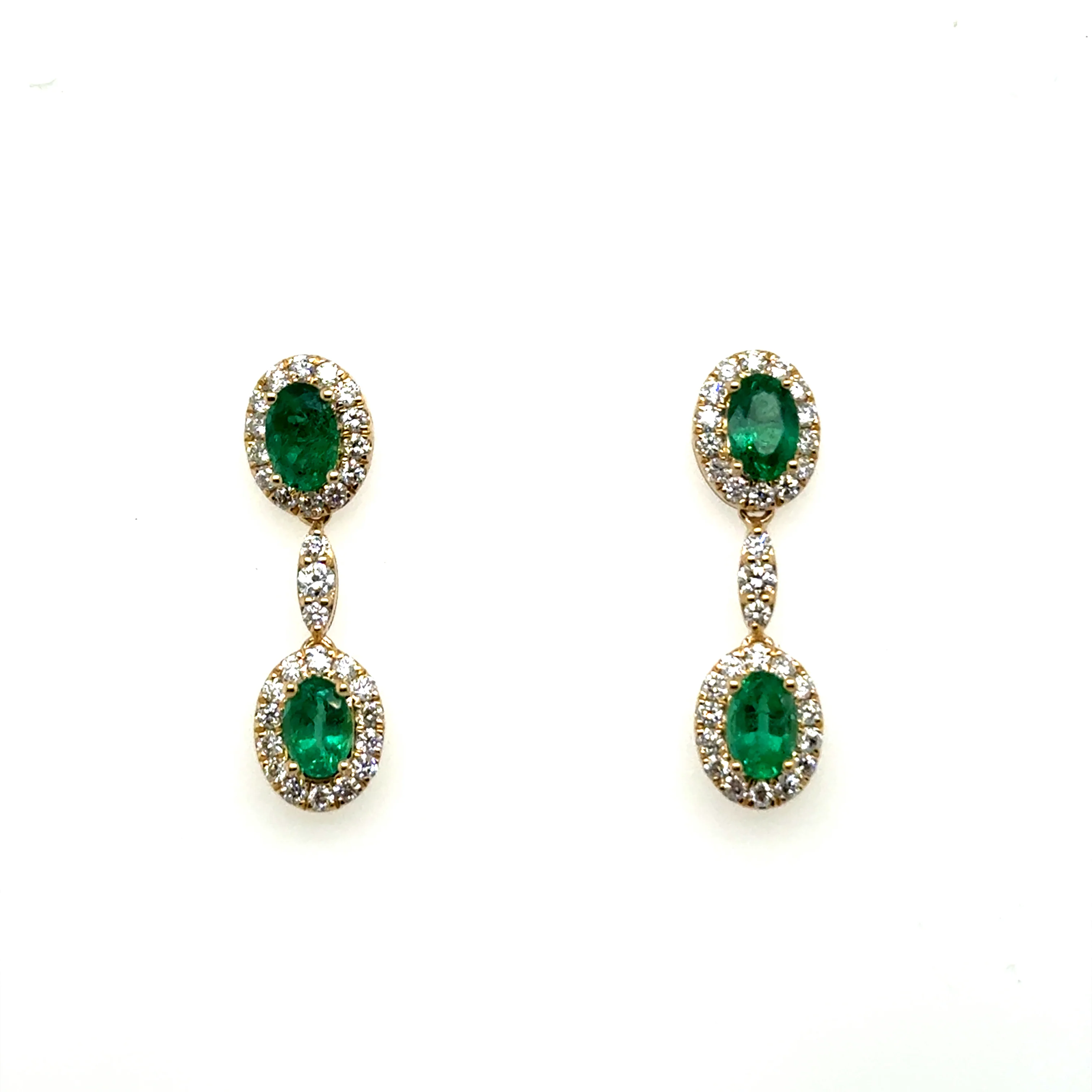 2.88 Ctw 14kt Yellow Gold Oval Emerald And Diamond Dangle Earrings - Image 2
