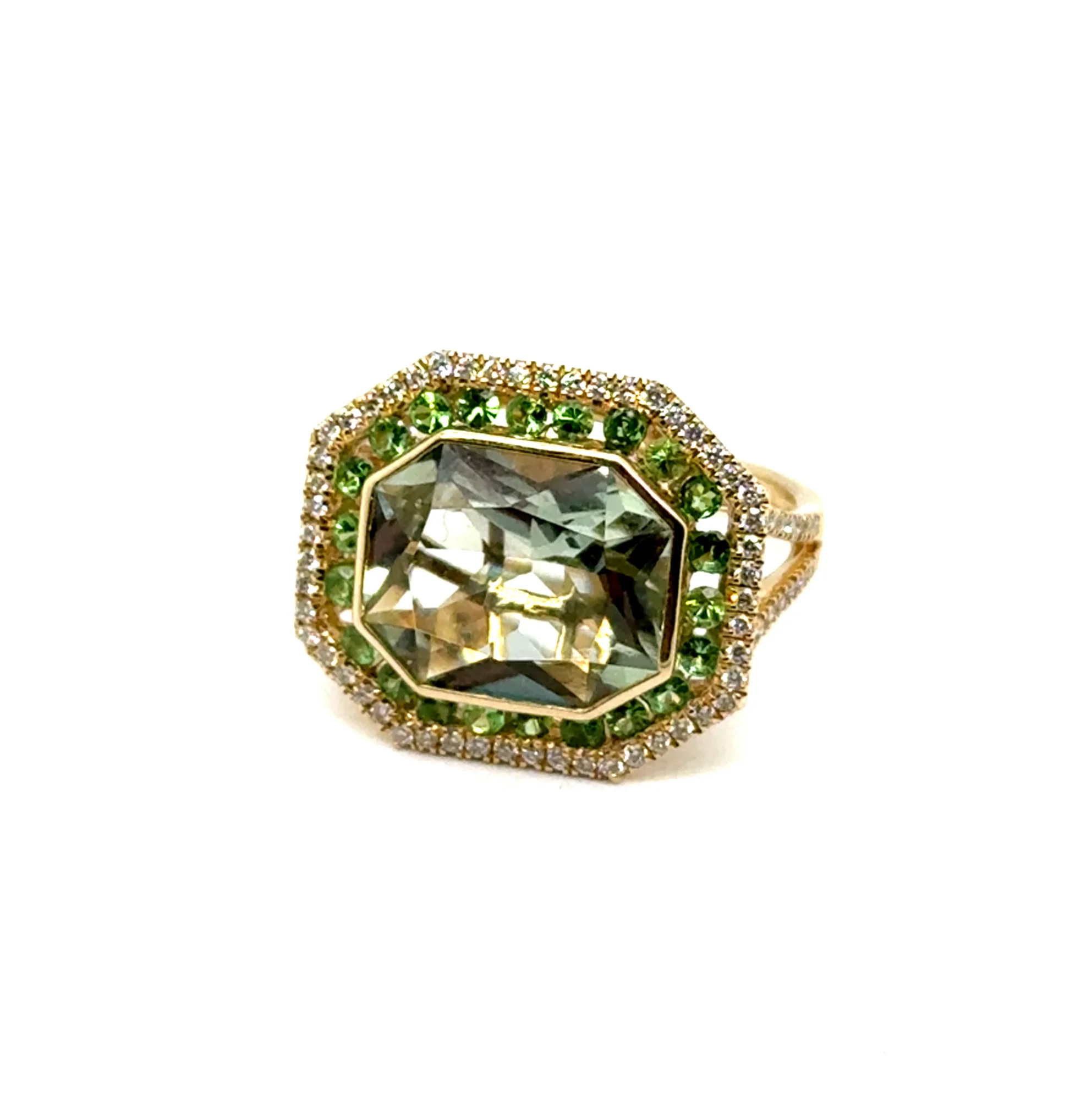 5.21 Cttw 14kt Yellow Gold Green Amethyst, Tsavorite Garnet, And Diamond Ring