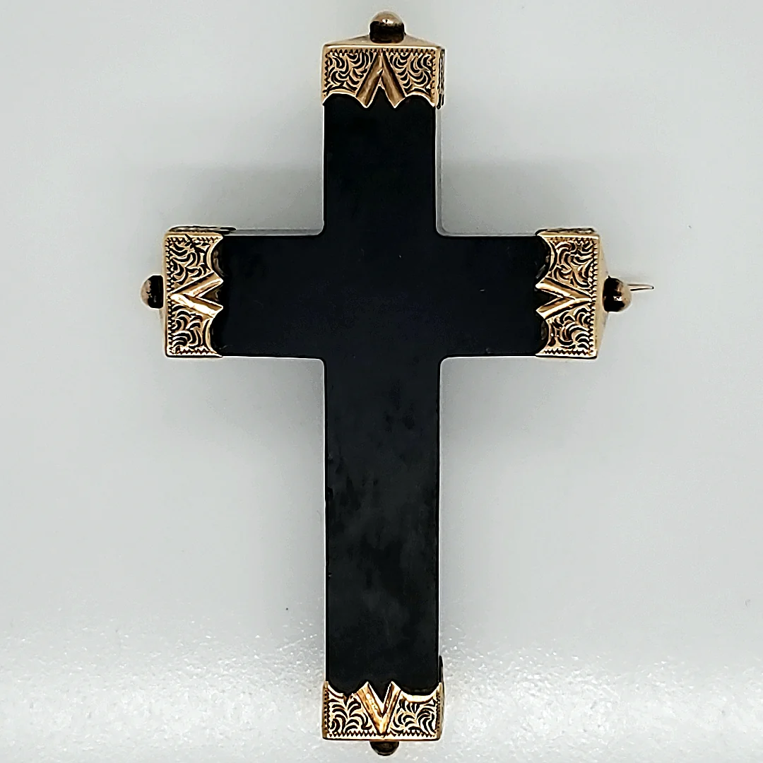 Antique Victorian 14Kt Yellow Gold Jett Cross Brooch