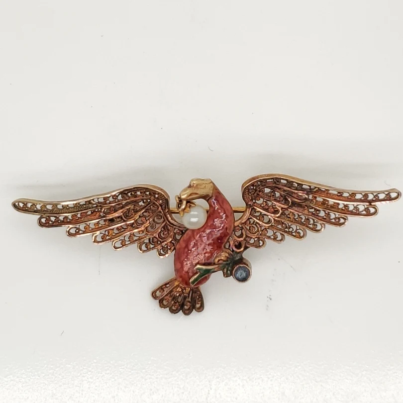 Antique Victorian 18Kt Yellow Gold Pearl Sapphire And Natural Pearl Eagle Brooch