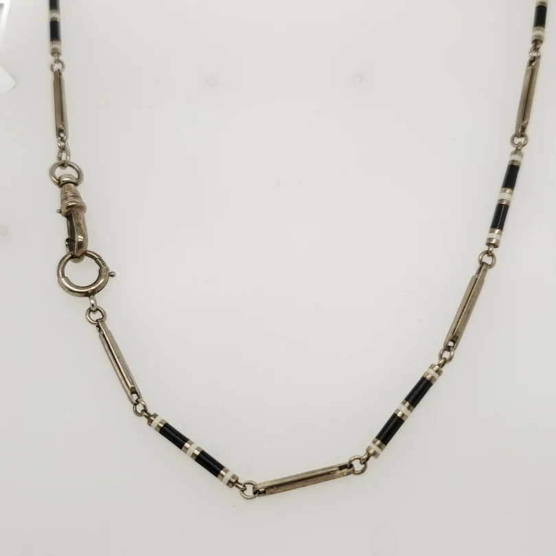 Art Deco 14kt White Gold and Enamel Pocket Watch Chain