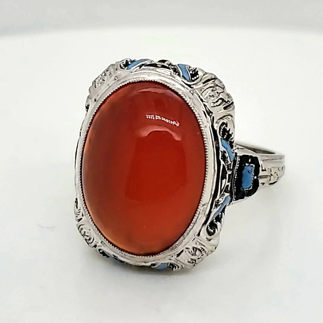 Art Deco 14kt White Gold Carnelian and Enamel Filigree Ring