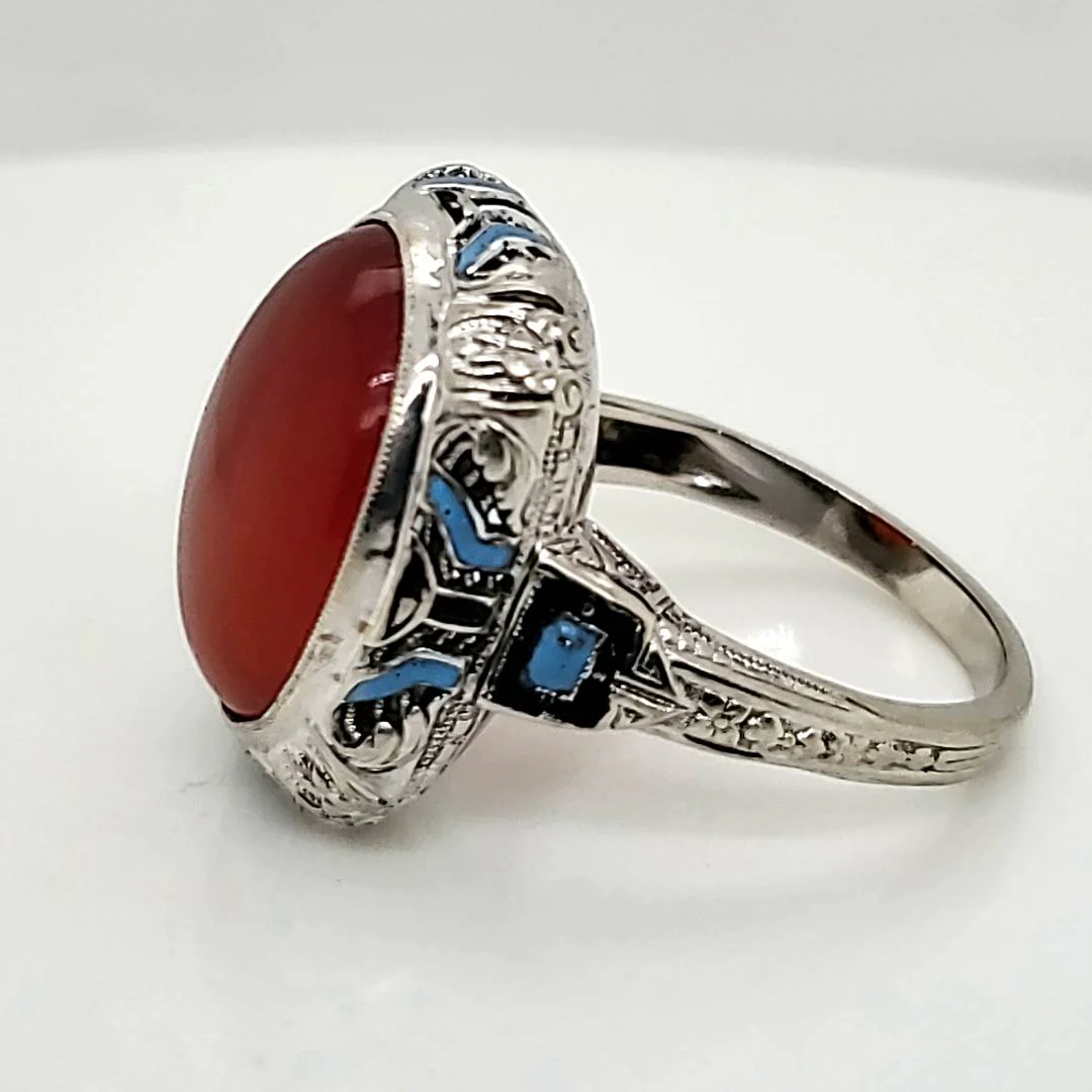 Art Deco 14kt White Gold Carnelian and Enamel Filigree Ring - Image 2