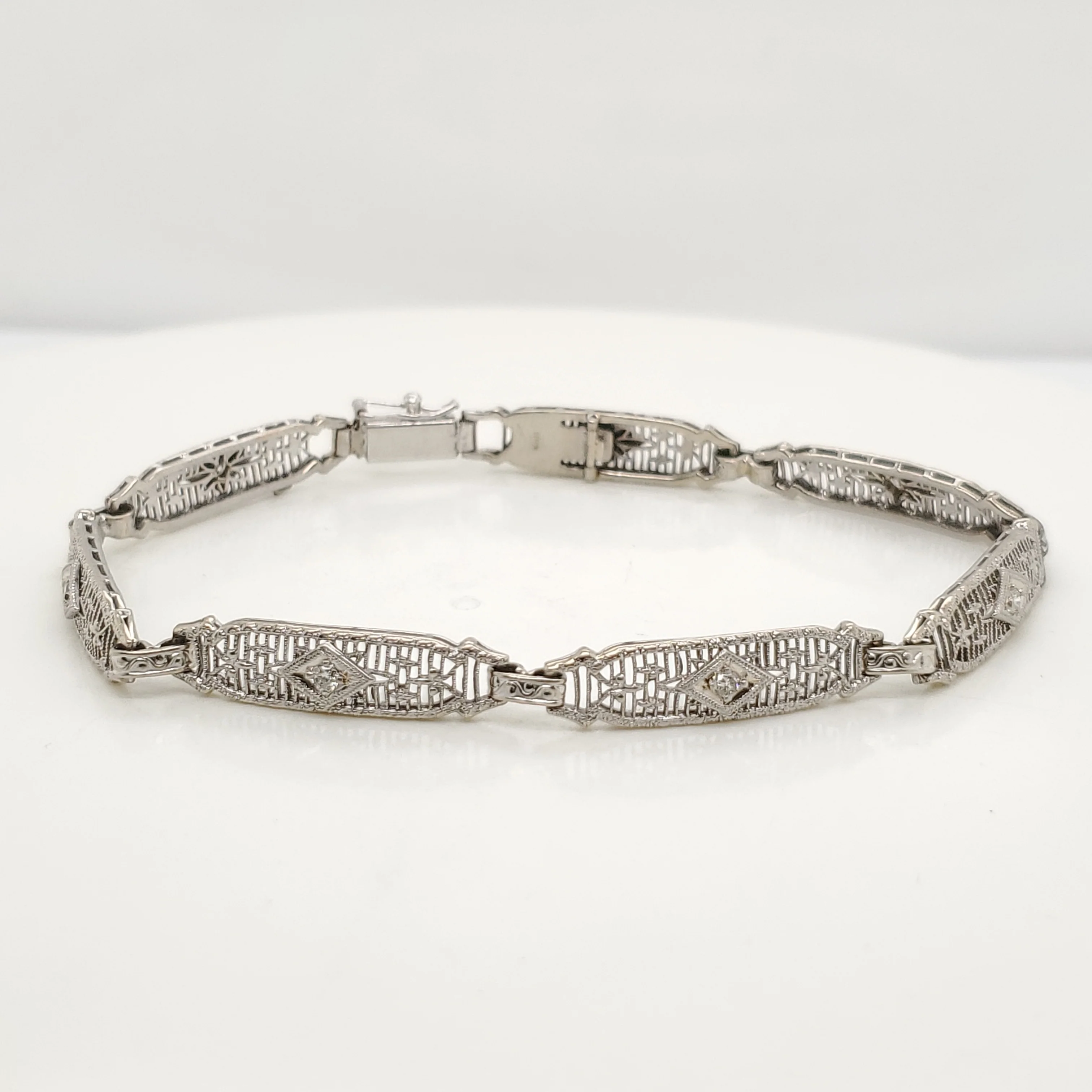 Art Deco 14kt White Gold Filigree Diamond Bracelet