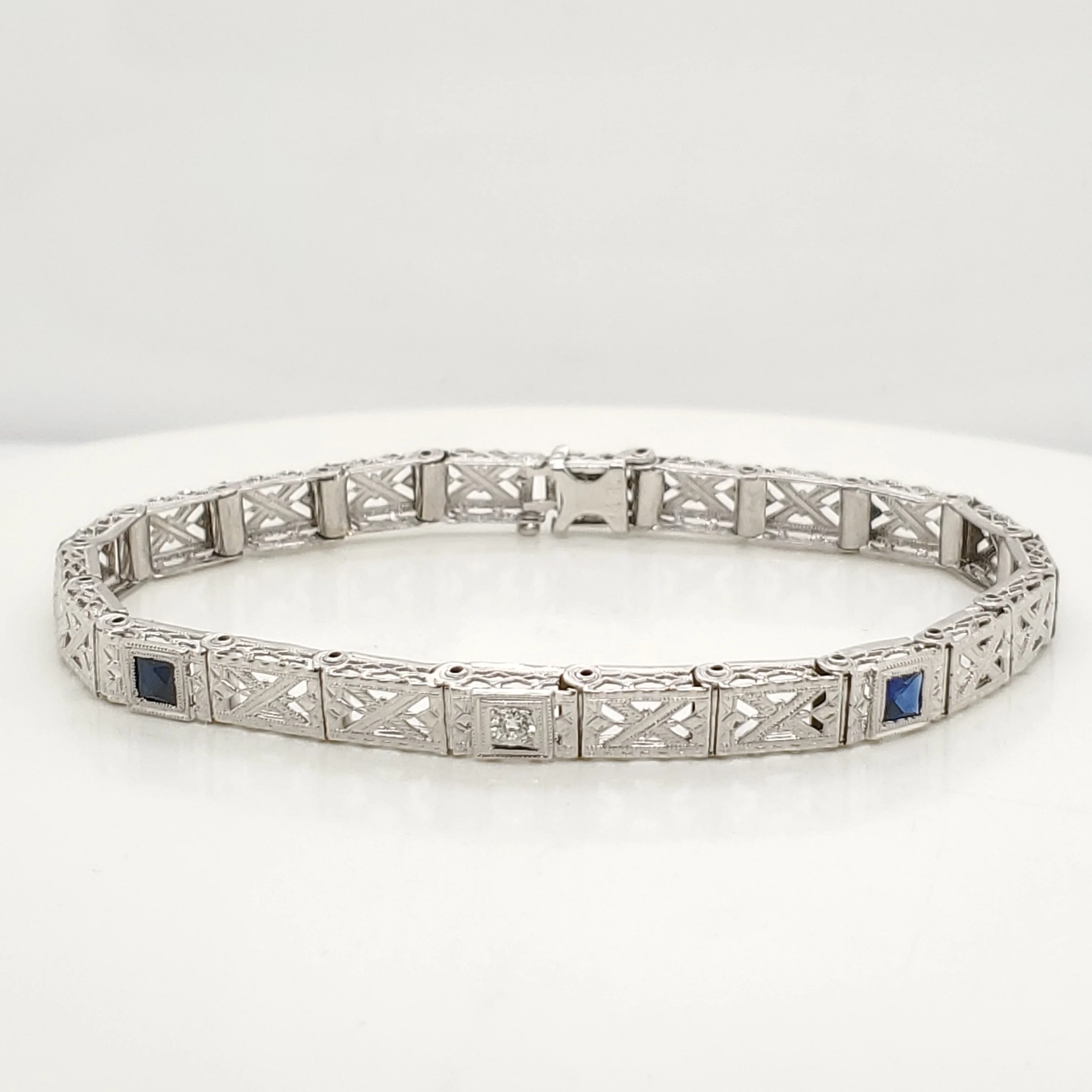 Art Deco 14kt White Gold Filigree Sapphire and Diamond Bracelet