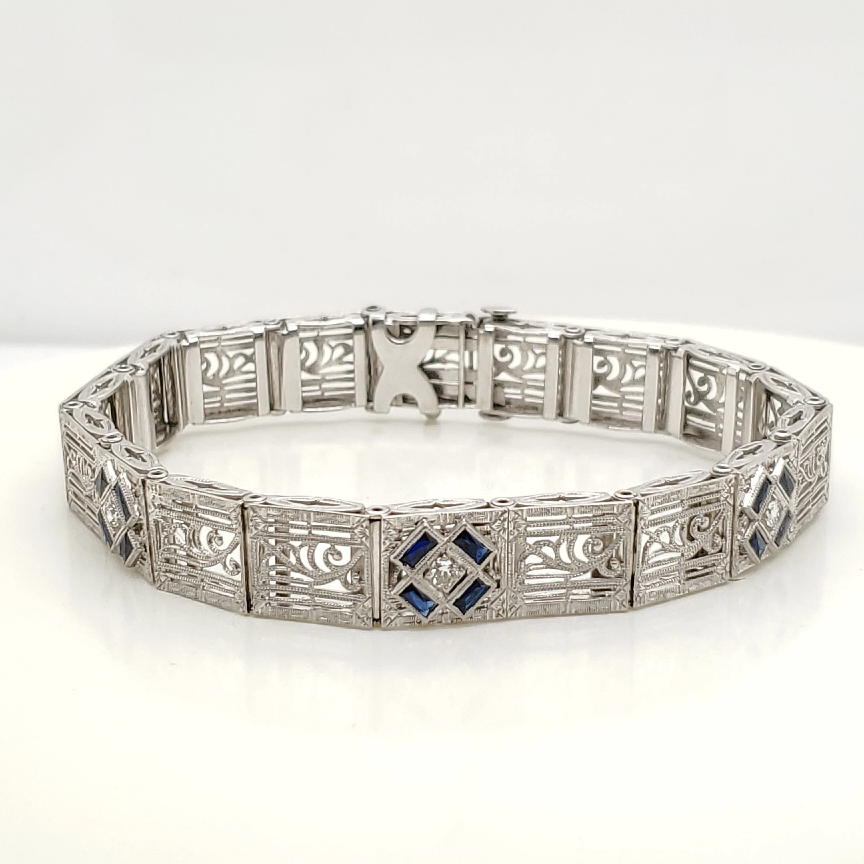 Art Deco 14kt White Gold Filigree Sapphire and Diamond Bracelet