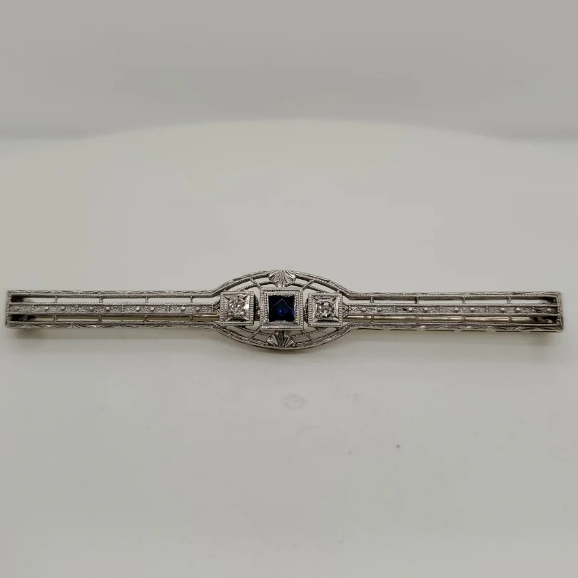 Art Deco 14kt White Gold Filigree Sapphire and Diamond Brooch
