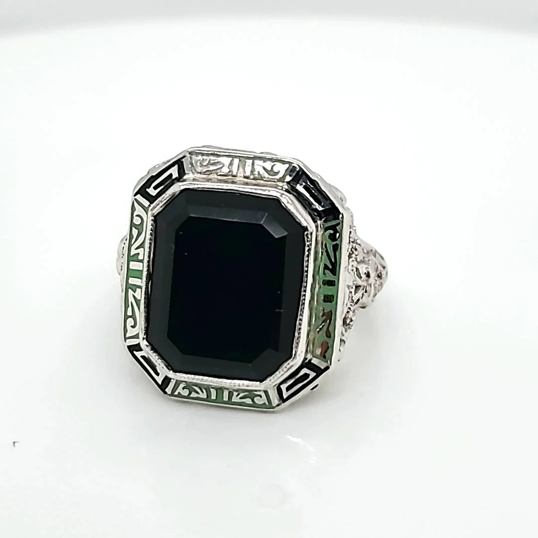 Art Deco 14kt White Gold Onyx and Enamel Ring