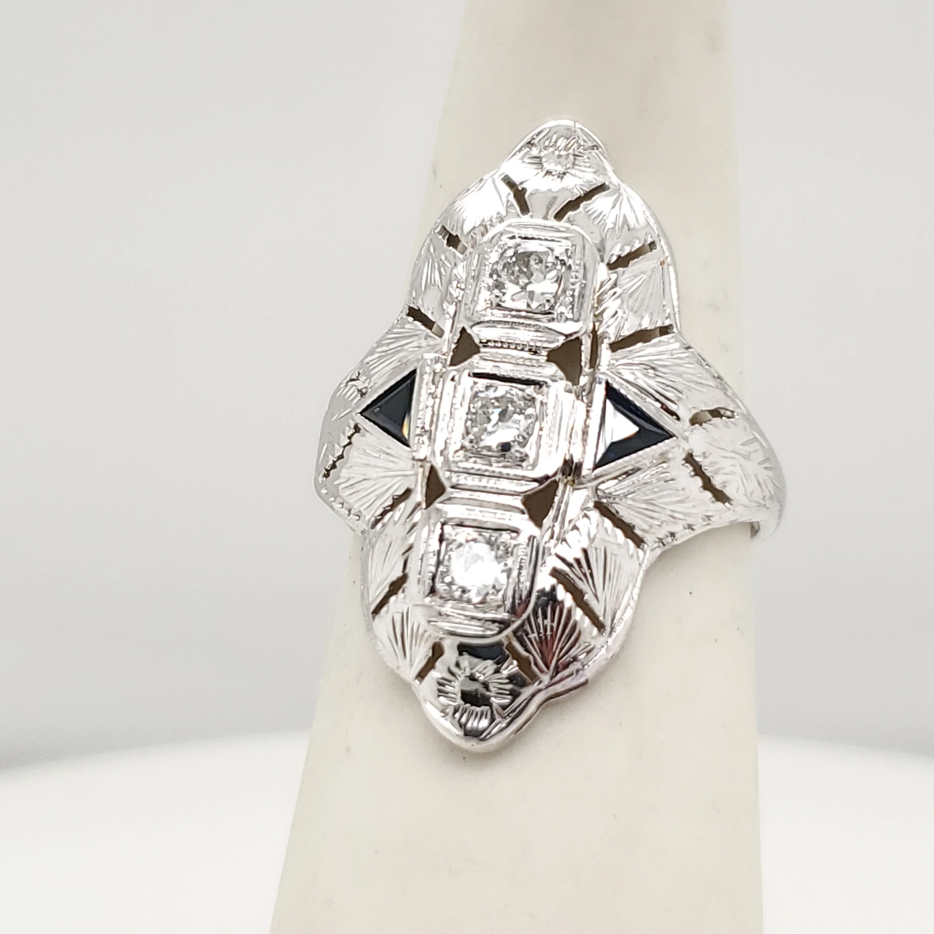 Art Deco 18kt White Gold Diamond and Sapphire Dinner Ring