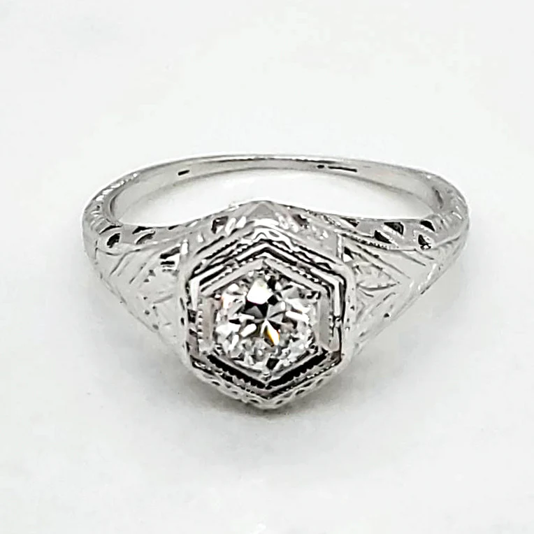 Art Deco 18Kt White Gold Filigree .52 Carat Round European Cut Filigree Engagement Ring