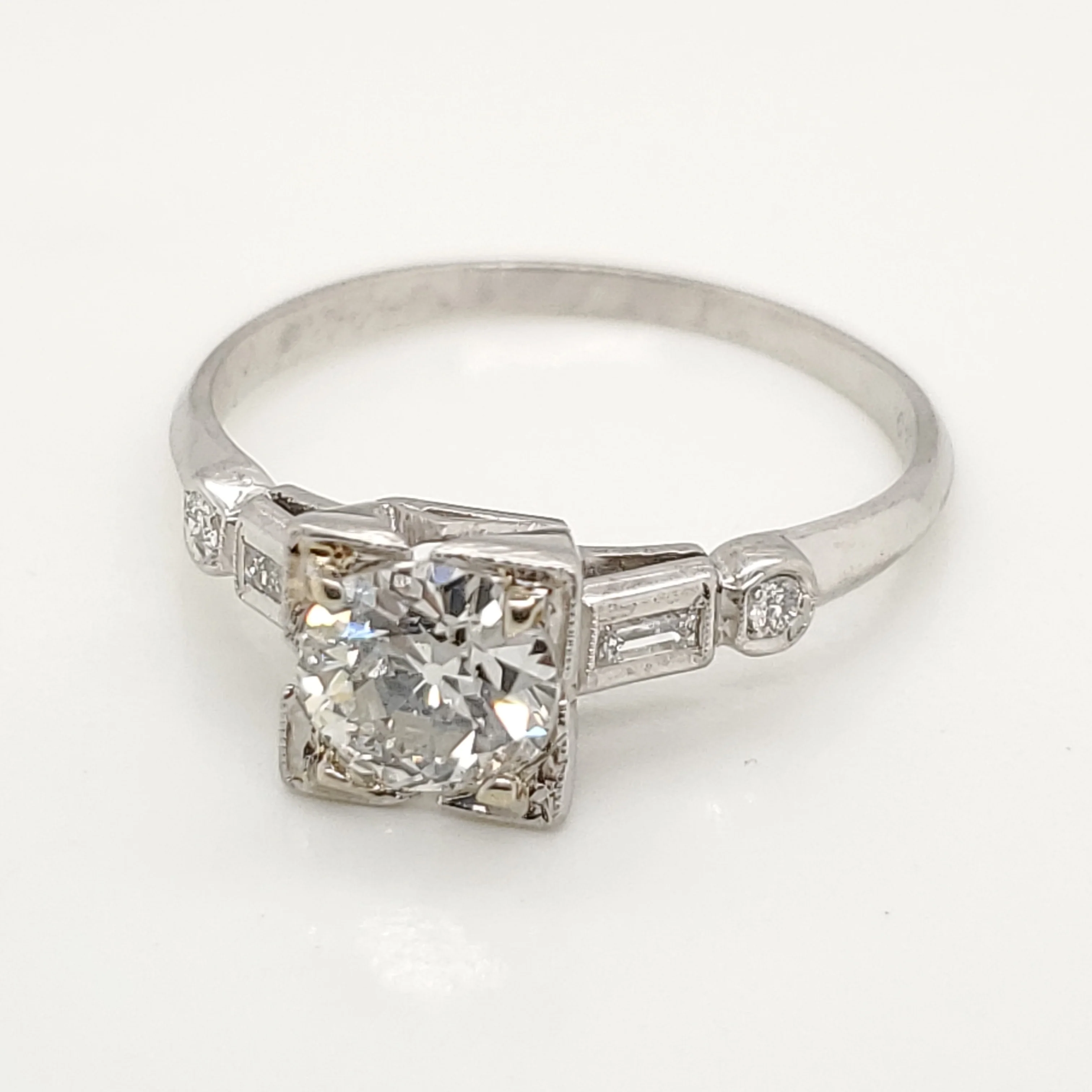 Art Deco Platinum .85 Carat European Cut Diamond Engagement Ring
