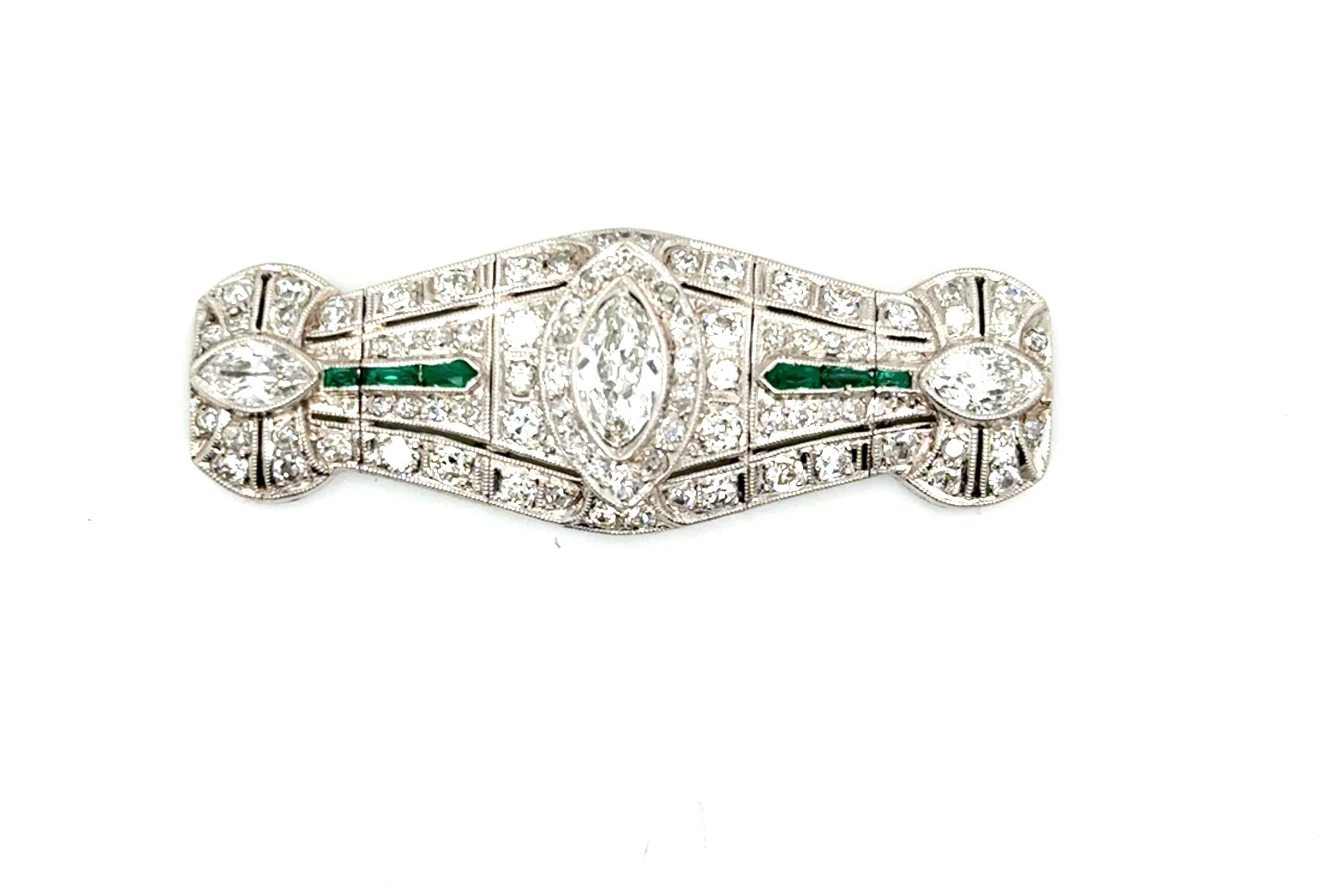Art Deco Platinum Diamond and Emerald Filigree Brooch/Pendant - Image 2