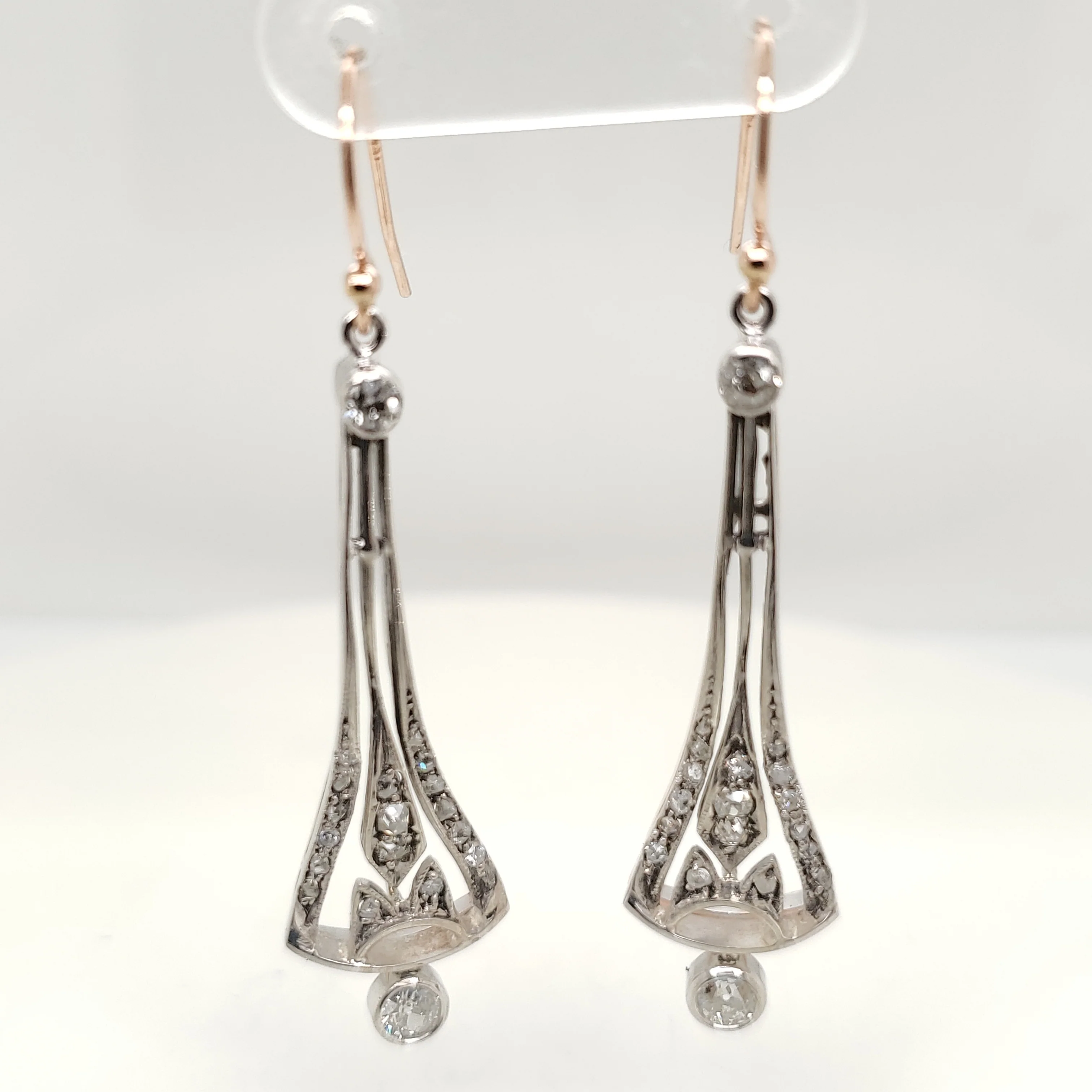 Art Deco Platinum on Rose Gold Diamond Danlge Earrings
