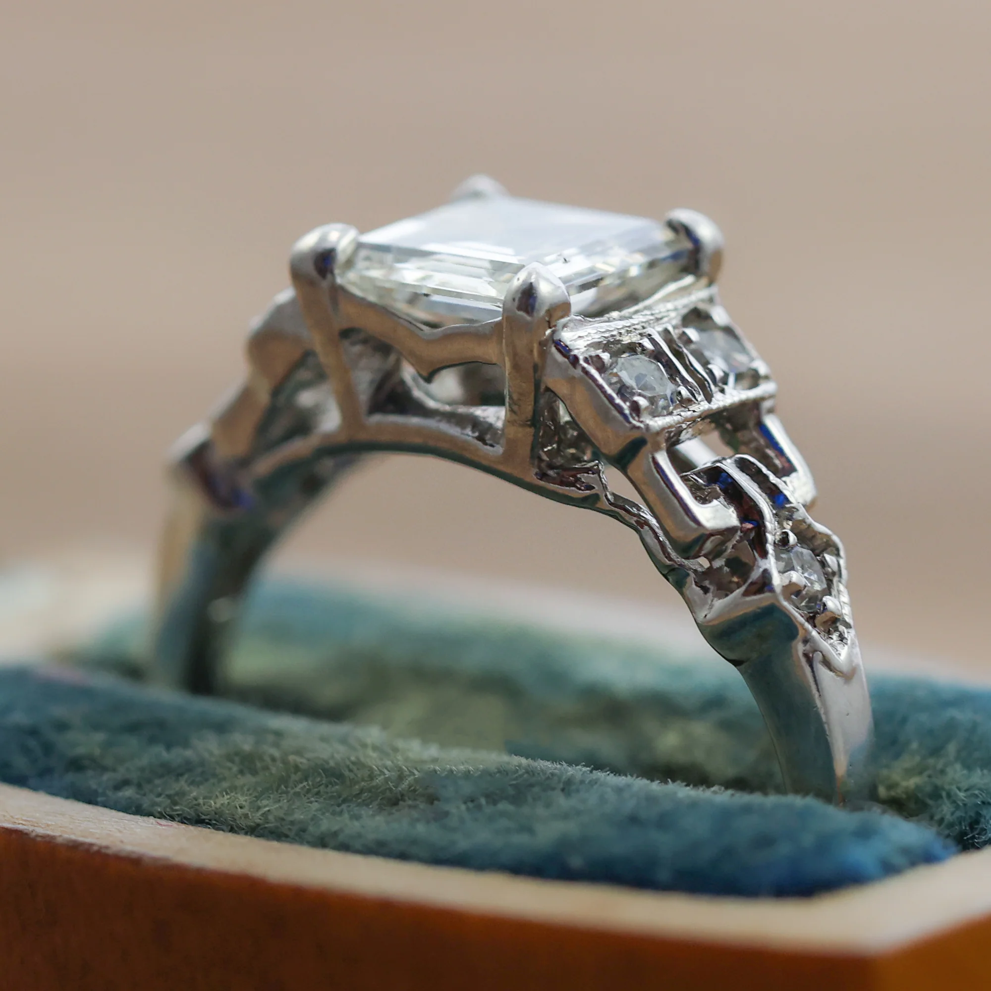 Art Deco Step Cut Diamond Set In A Platinum Millgrain Ring With Six Single Cut Diamonds. - Image 2
