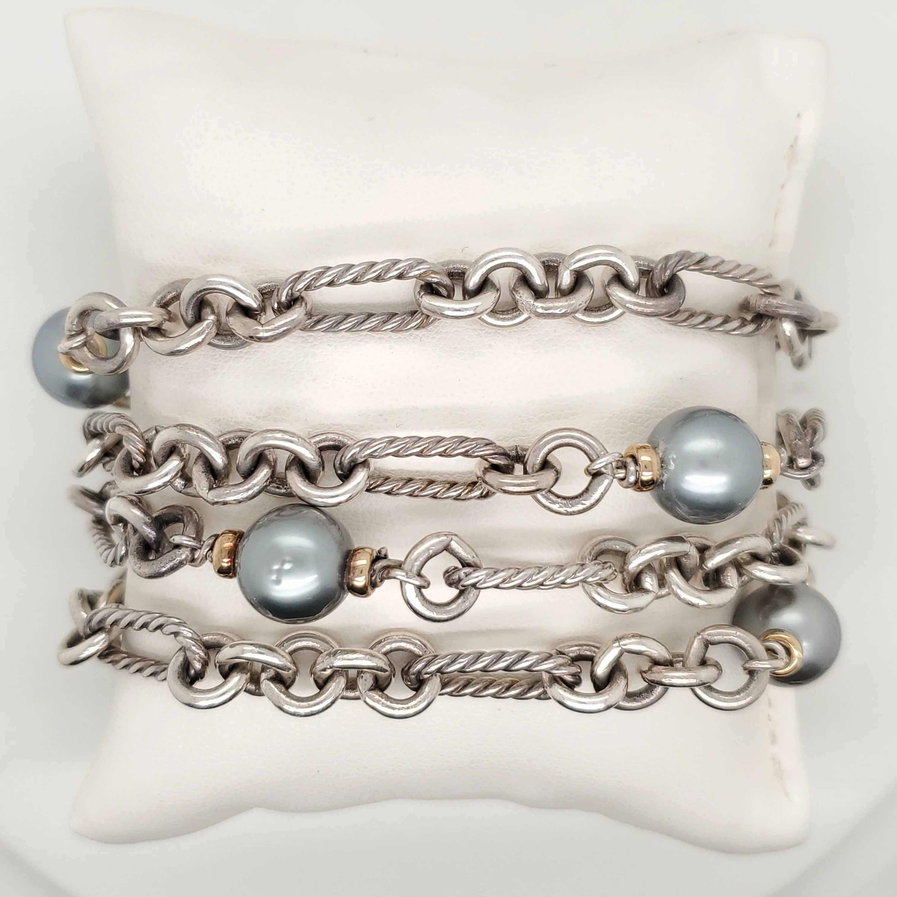 David Yurman Sterling Silver and 18kt Yellow Gold Black Pearl Bracelet