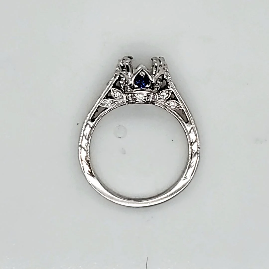 Engraved platinum diamond and sapphire engagement ring mounting - Image 2