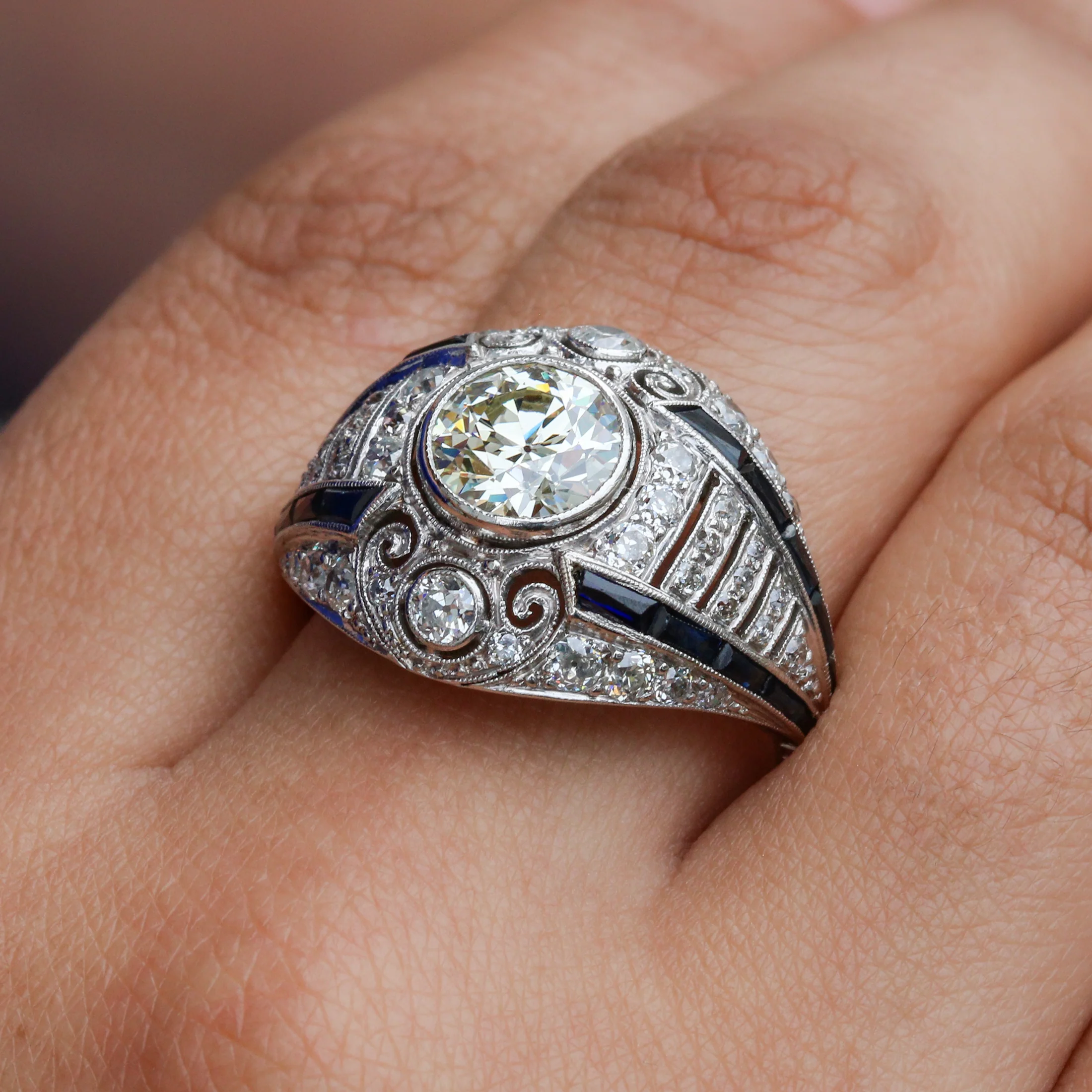 Platinum 1.79 Carat European Cut Diamond And Sapphire Filigree Ring - Image 2