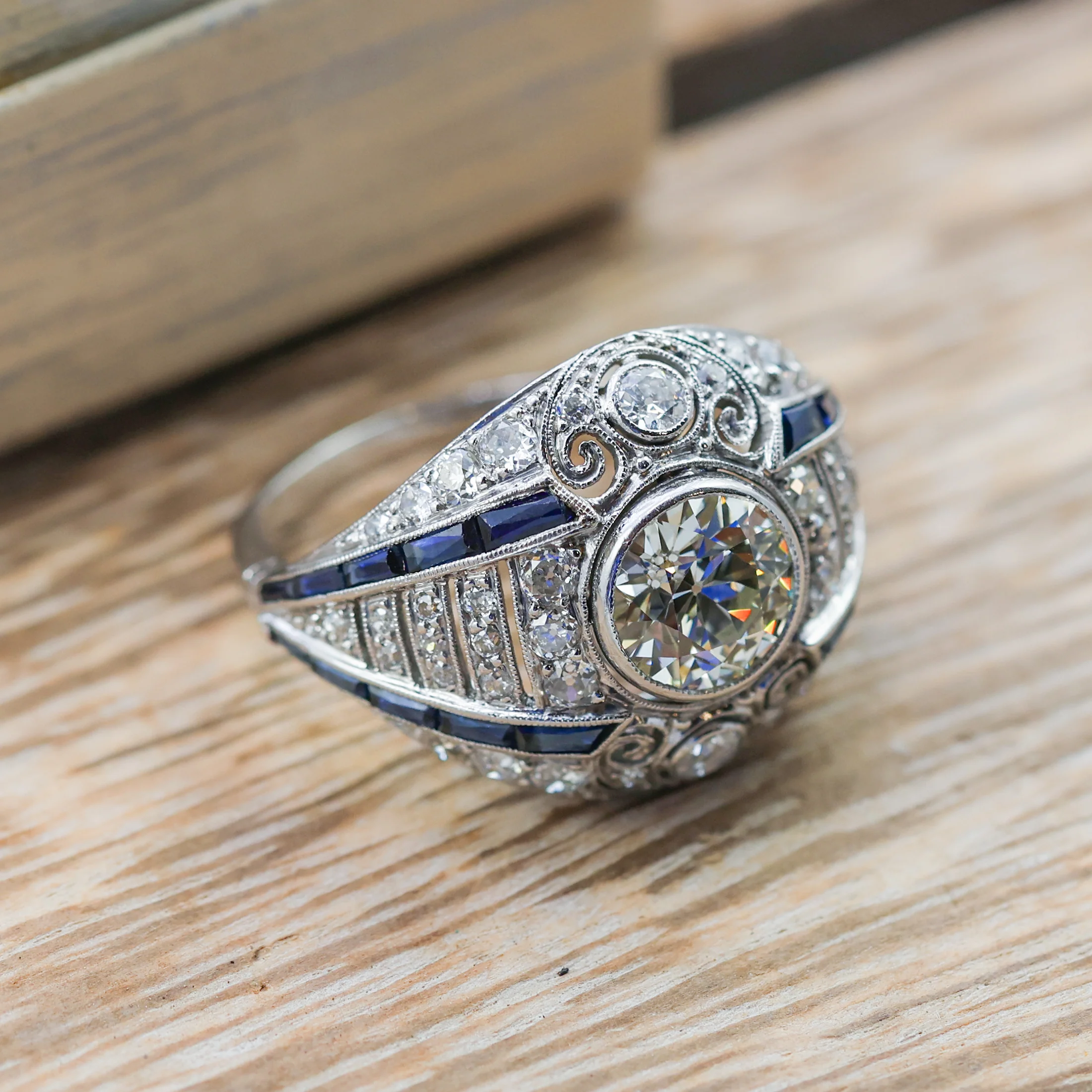 Platinum 1.79 Carat European Cut Diamond And Sapphire Filigree Ring - Image 5