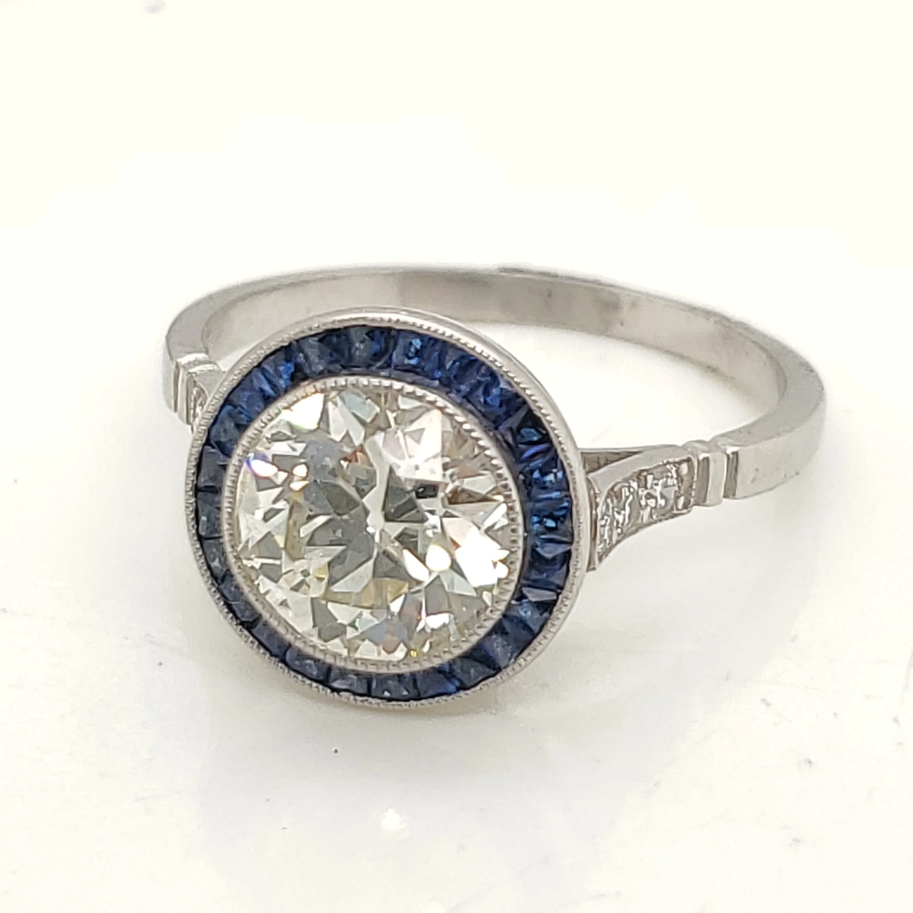 Platinum 1.85 Carat European Cut Diamond and Sapphire Engagement Ring