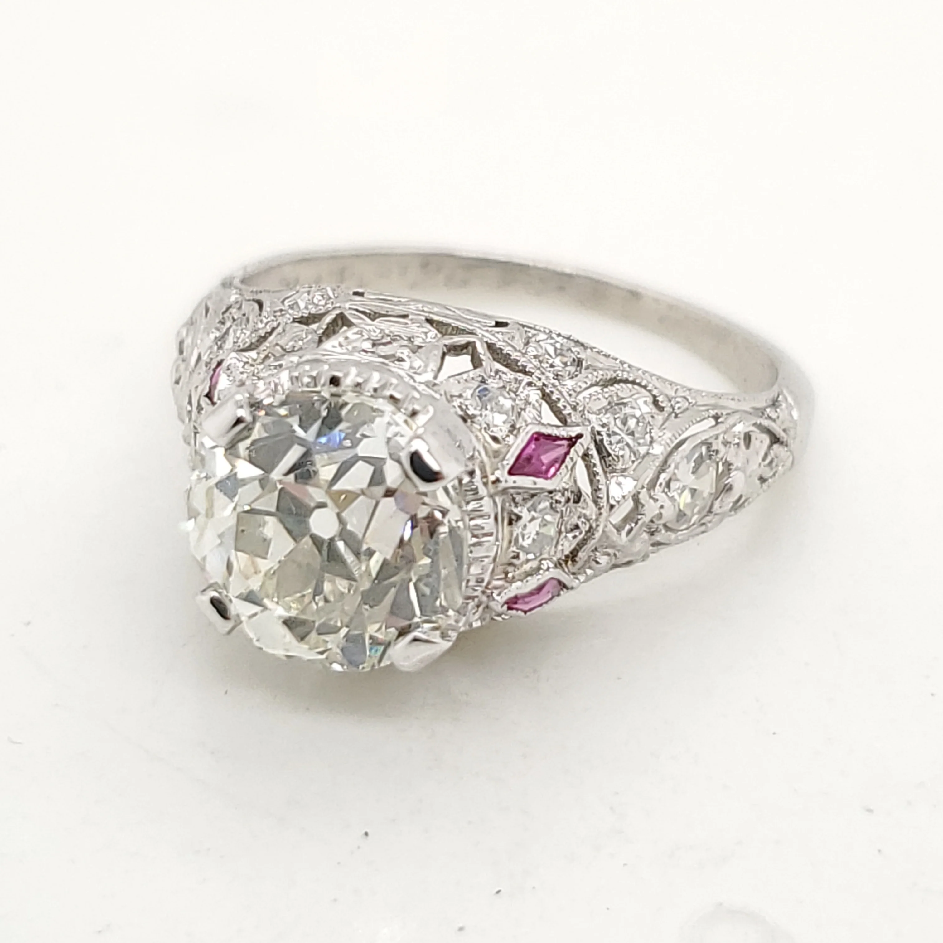 Platinum 2.27 Carat Round European Cut Diamond Art Deco Engagement Ring