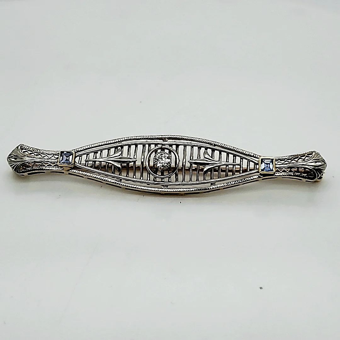 Platinum on 14kt Yellow Gold Art Deco Filigree Diamond & Sapphire Brooch