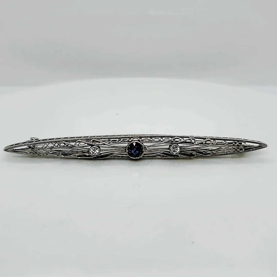 Platinum on 14kt Yellow Gold Art Deco Filigree Diamond & Sapphire Brooch
