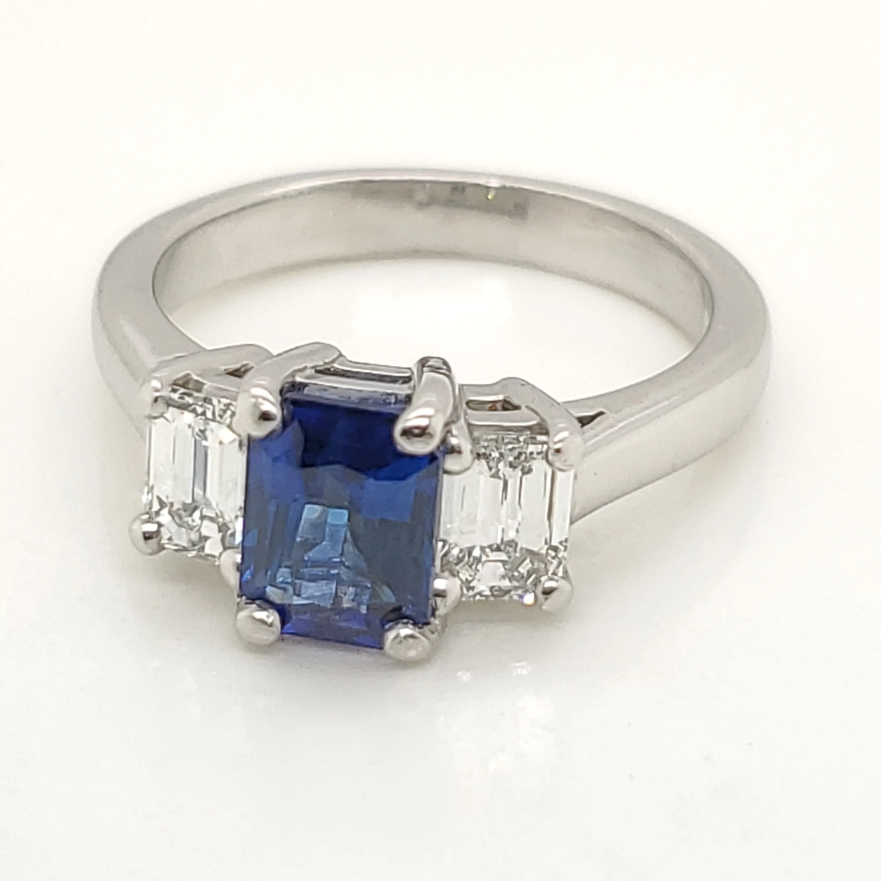 Platinum Ring With 1.19 Carat Emerald Cut Blue Sapphire and Emerald Cut Diamond Ring
