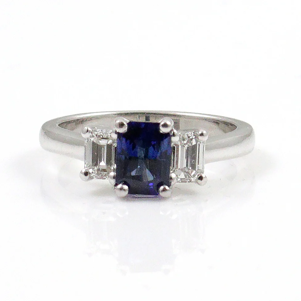 Platinum Ring With 1.19 Carat Emerald Cut Blue Sapphire and Emerald Cut Diamond Ring - Image 2