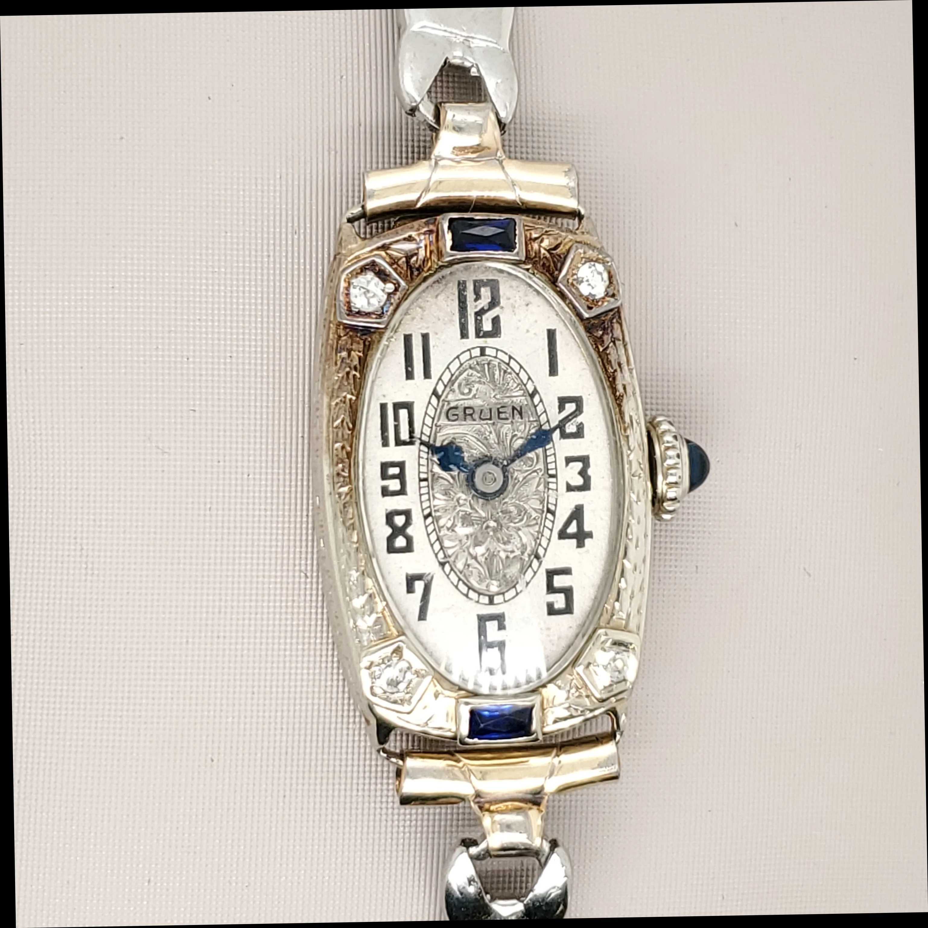 Pre-Owned Art Deco 14kt White Gold Sapphire and Diamond Gruen Watch