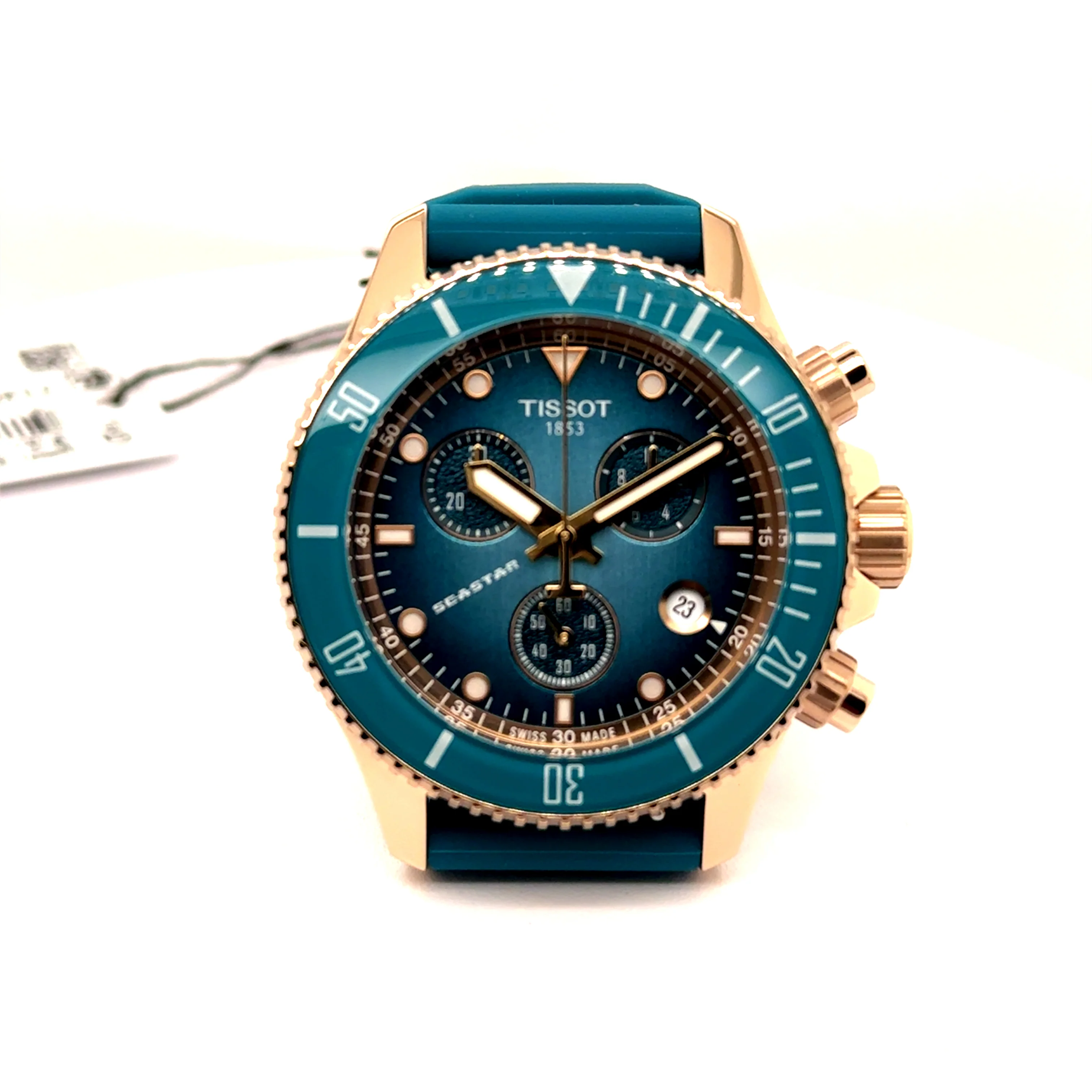 Tissot Seastar Turq Quartz Chronograph Watch Stainless Steel With Rose PVD And Turquoise/Blue Dial T1202173704100