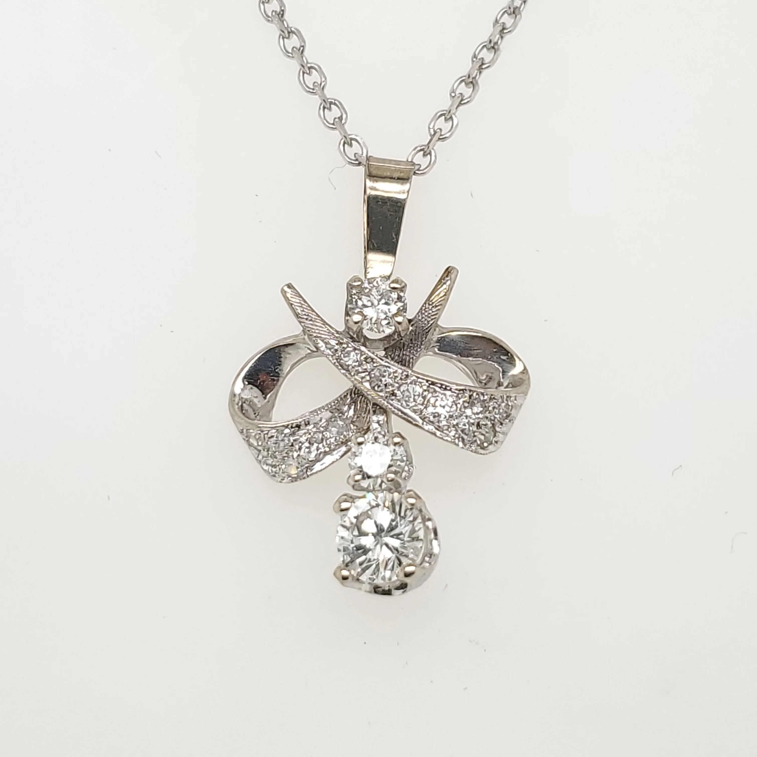 Vintage 14kt White Gold and Diamond Bow Pendant Necklace