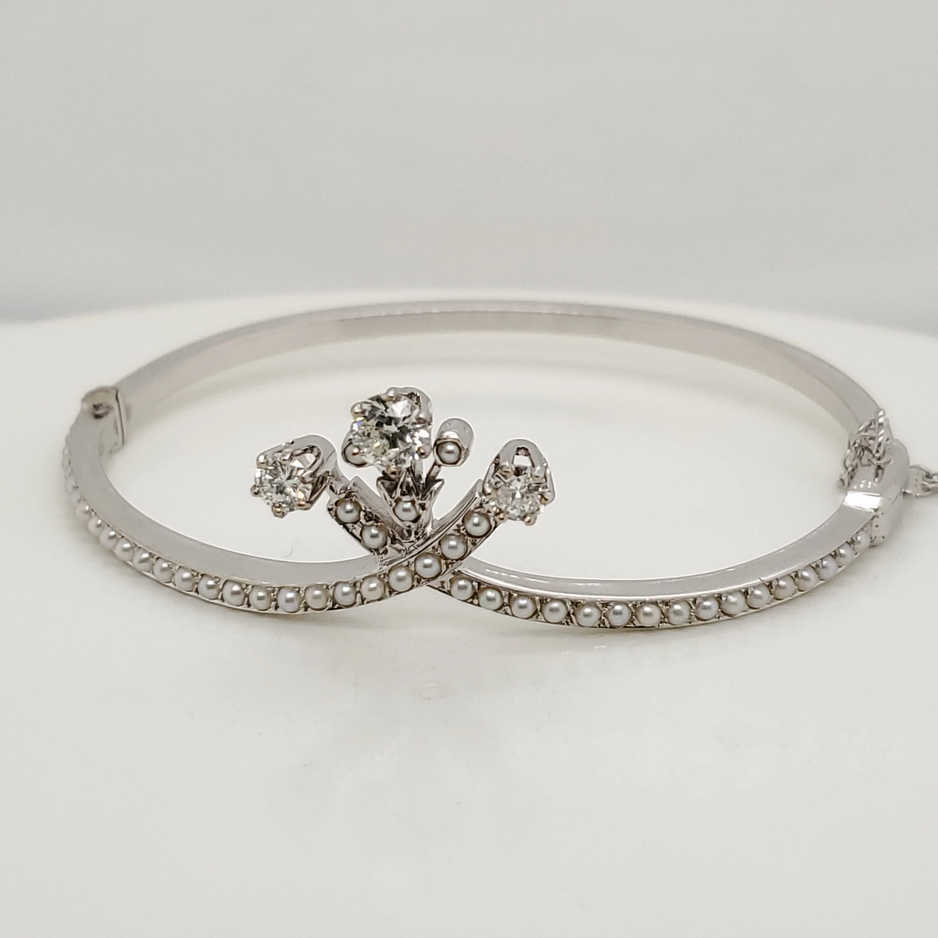 Vintage 14Kt White Gold Diamond and Seed Pearl Bangle Bracelet