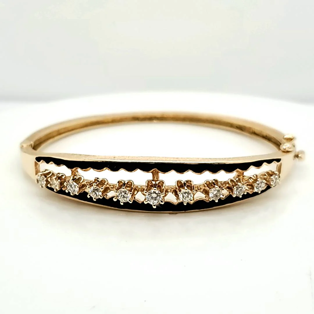 Vintage 14kt Yellow Gold Black Enamel and Diamond Bangle Bracelet