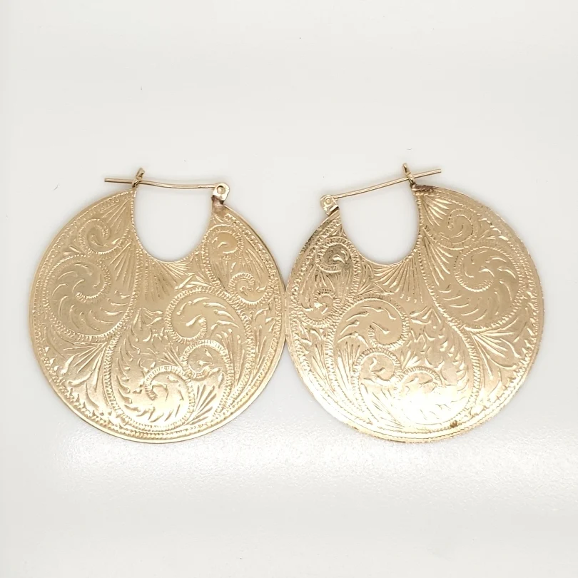 Vintage 14kt Yellow Gold Hand Engraved 38Mm Hoop Earrings