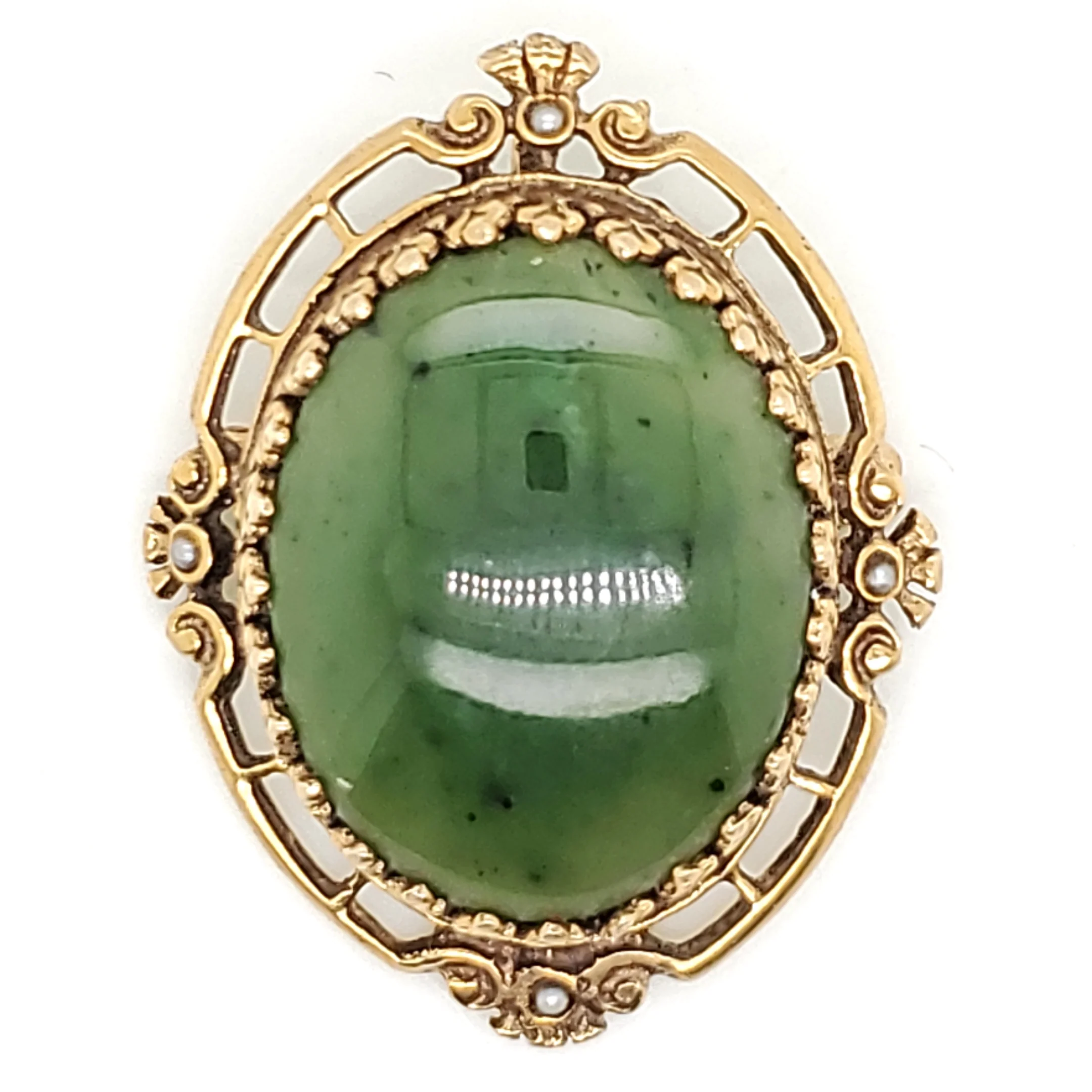 Vintage 14Kt Yellow Gold Nephrite Jade Brooch