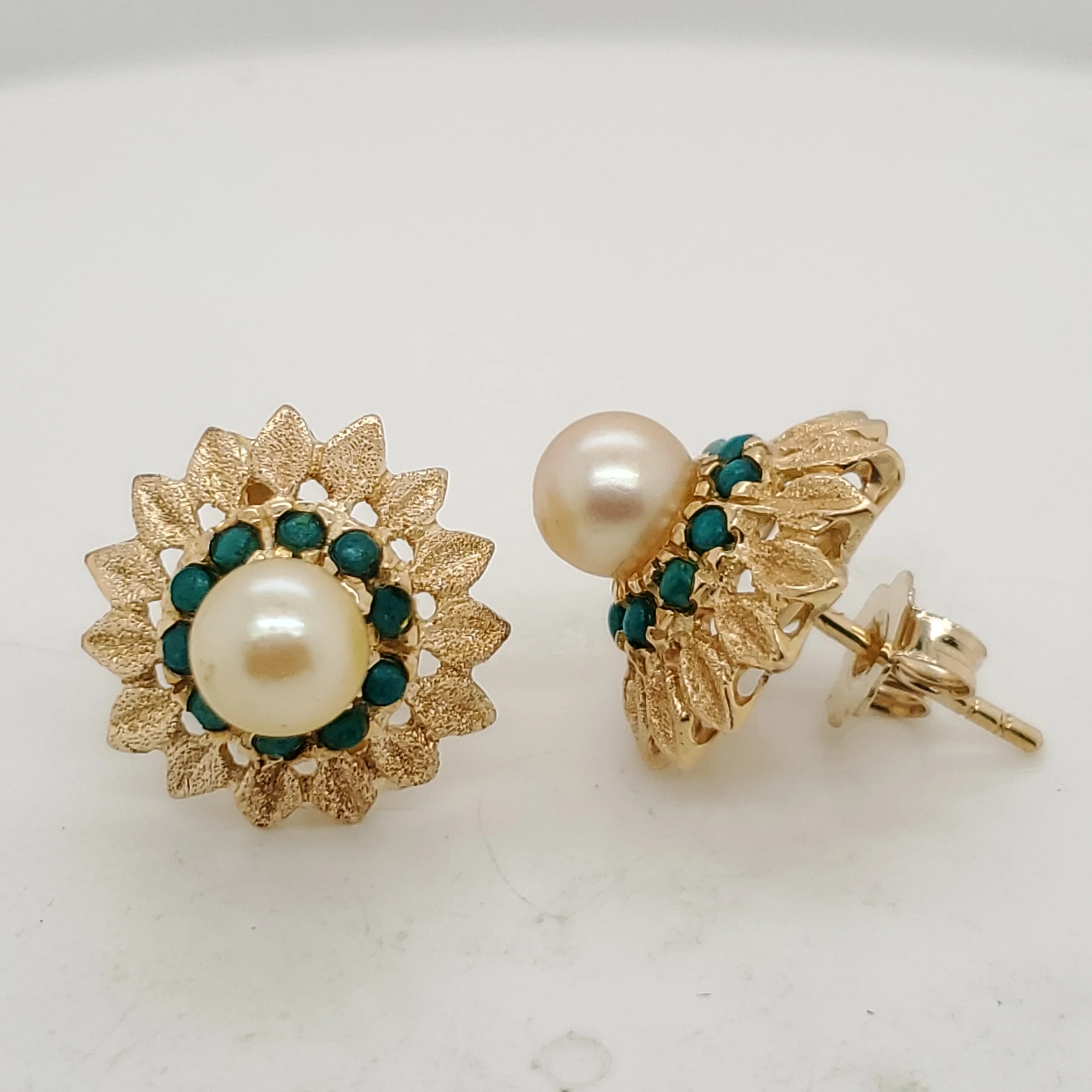 Vintage 14Kt Yellow Gold Pearl and Turquoise Earrings