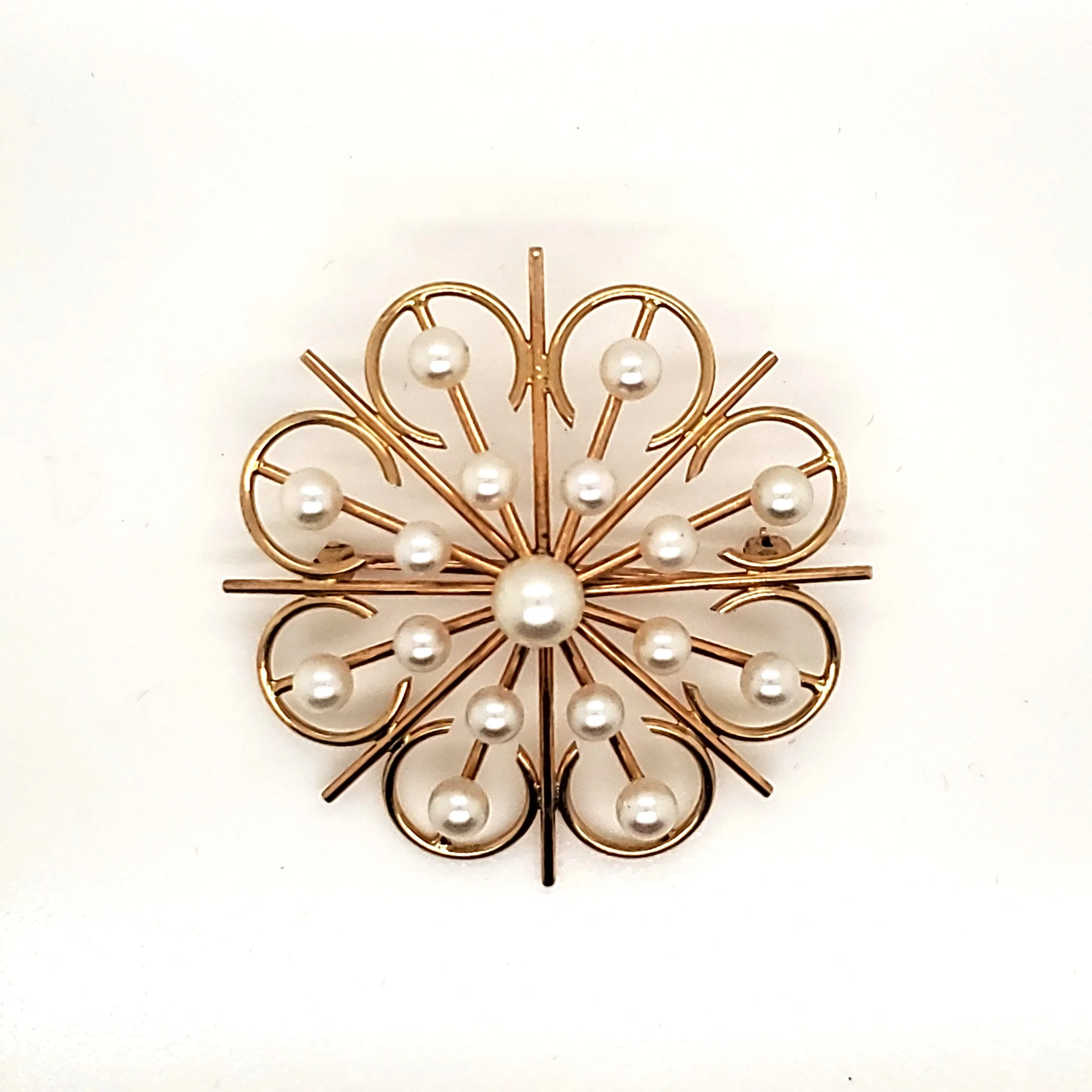 Vintage 14kt Yellow Gold Pearl Sunburst Style Brooch